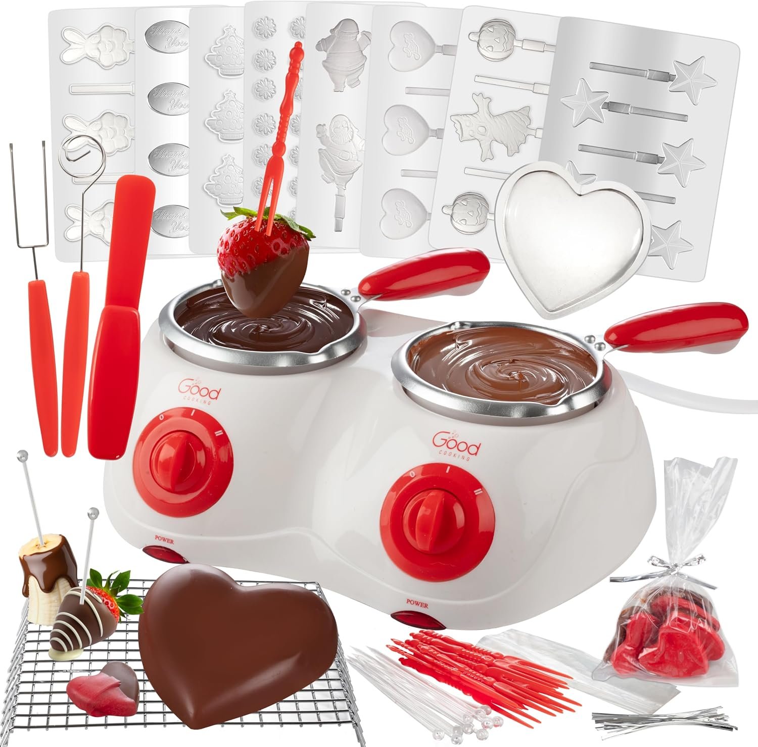 Dual Electric Chocolate Melting Pot Set – Summer S’mores Candy Kit & Fondue w/ 30 Bonus Accessories – Dip, Drizzle, Decorate Strawberries & Marshmallows – BBQ Party Appetizers & Desserts