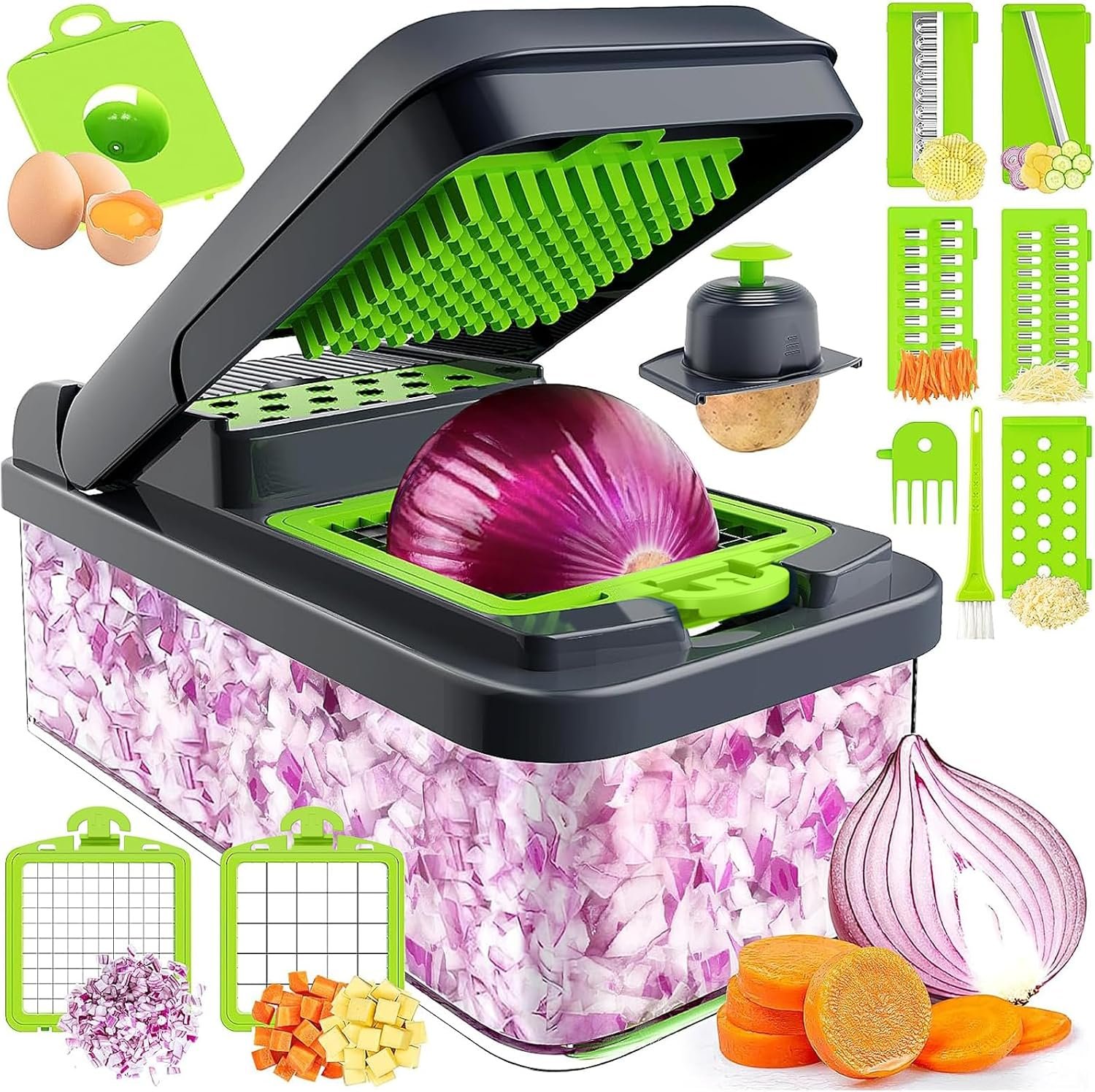 MealHelper 12-in-1 Vegetable Chopper, Food Veggie Chopper With Container | Kitchen Prep Tool, Cheese Grater, Home Essentials & Kitchen Gadgets, with Sharp Stainless Steel Blades(7 Blades, Green)