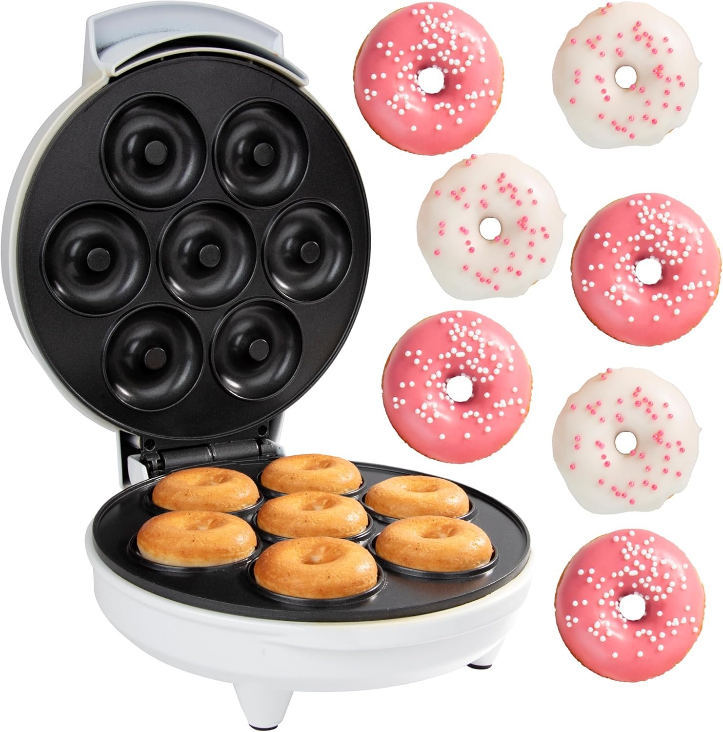Mini Donut Maker- Electric Non-Stick Surface Makes 7 Small Doughnuts- Decorate, Frost, Ice Your Own for Kid Friendly Baked Dessert Treat – Cooking Activity for Adults with Recipe Guide, Easy Bake Gift