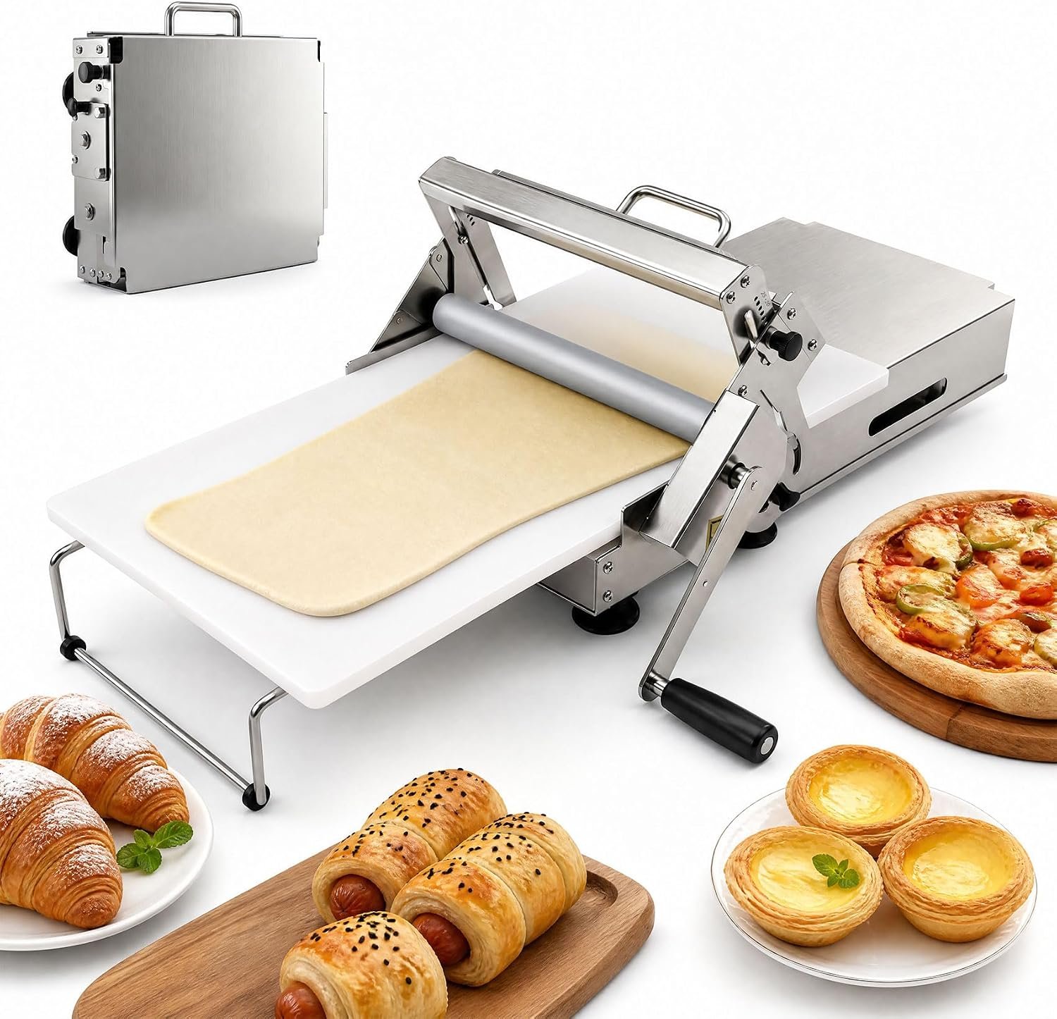 12In Folding Dough Sheeter, 304 Stainless Dough Roller Machine, 0.2–27mm Adjustable Thickness Pastry Laminator for Home & Small Bakery, Perfect for Pizza,Croissants,Dumpling Wrappers&Puff Pastry