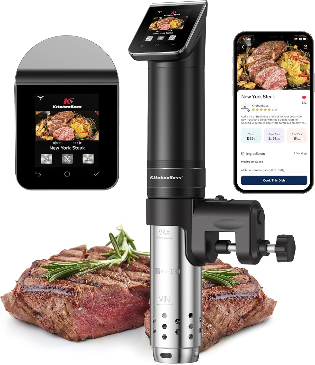 KitchenBoss WIFI Sous Vide Cooker: Ultra-Quiet Sous-vide Cooking Machine 1100 Watts Stainless Steel Immersion Circulator for Kitchen with TFT Preset Recipes (Black)