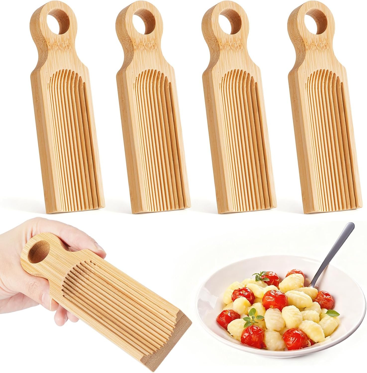 Tioncy 4 Pack Unique Curved Gnocchi Board Paddle for Homemade Gnocchi & Cavatelli, Easy to Use and Clean, Wood Pasta Making Tools for Italian Cooking, Taste Party.