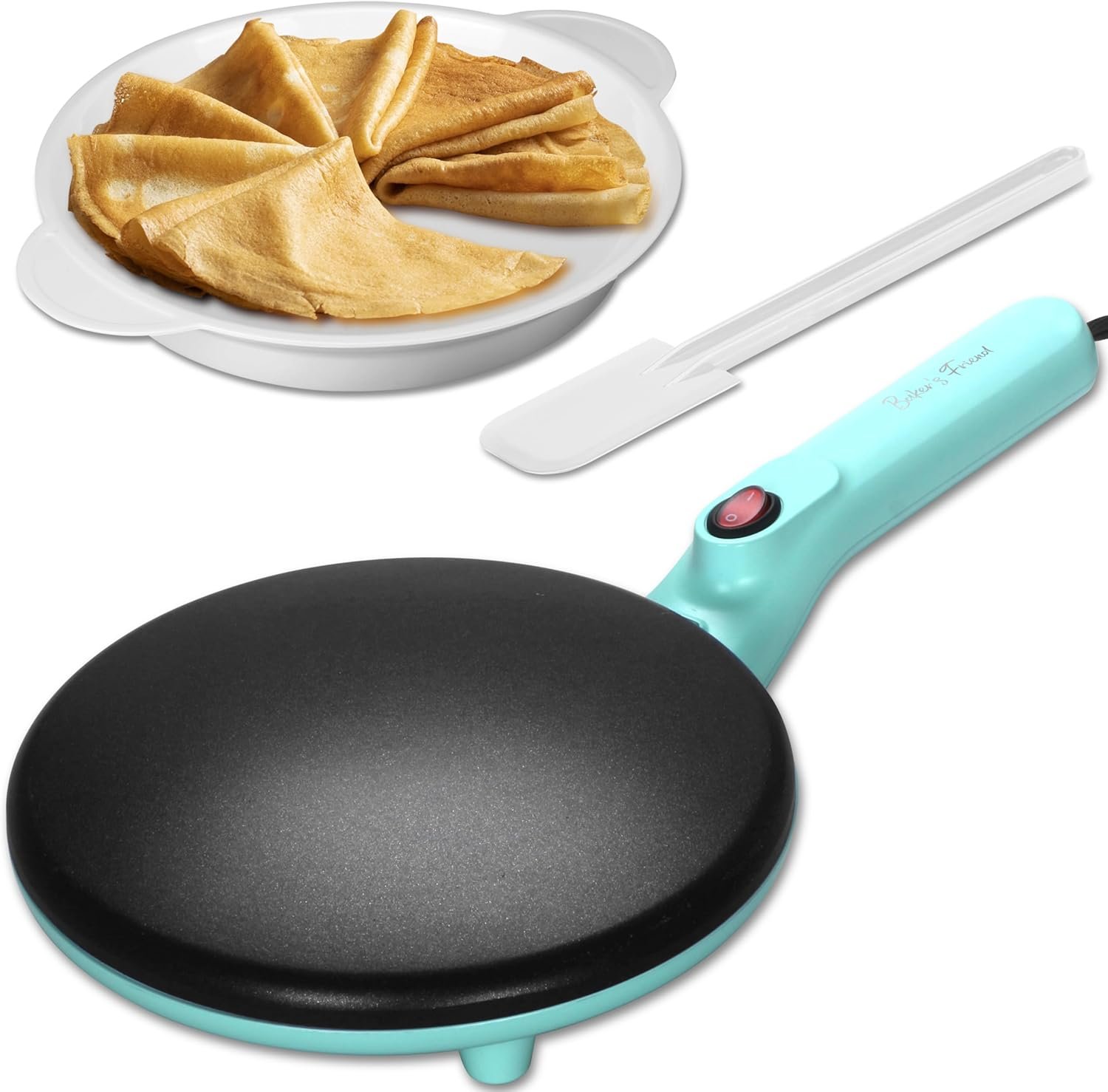 Baker’s Friend Instant Crepe Maker with Handle, Electric Crepe Maker Machine, Crepera Electrica, 8 Inch Non-stick Cooking Surface, Aqua