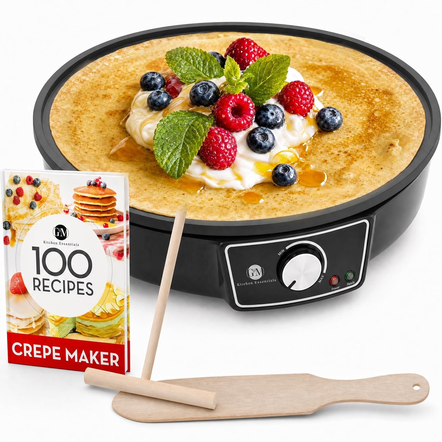 Crepe Maker Machine (Easy to Use), Pancake Griddle – Nonstick 12” Electric Griddle – Pancake Maker, Batter Spreader, Wooden Spatula – Crepe Pan for Crepes Roti, Tortilla, Blintzes – Portable, Compact