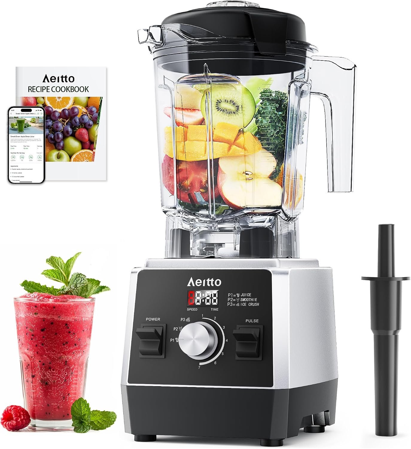 Aeitto Blenders for Kitchen 1800W Professional Countertop Blender, 68Oz Large Capacity Smoothie Blender with 3 Programs & 7 Speeds for Smoothies, Ice Crush, Frozen Drinks, Black