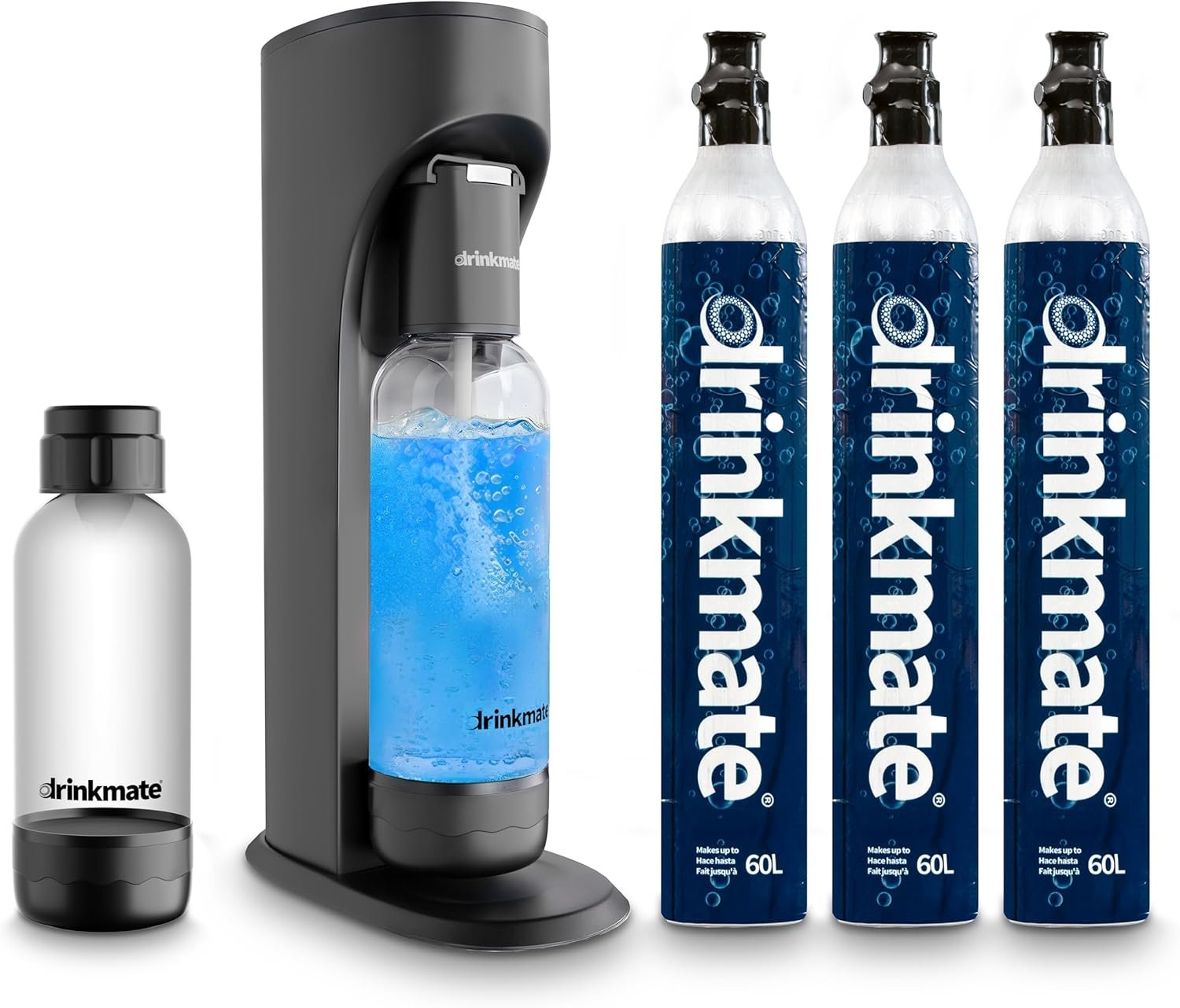 Drinkmate OmniFizz Sparkling Water Maker & Soda Streaming Machine | Carbonates Any Drink | ULTIMATE BUNDLE | Includes Three 60L CO2 Cartridges + Two BPA-Free Bottles (Matte Black)