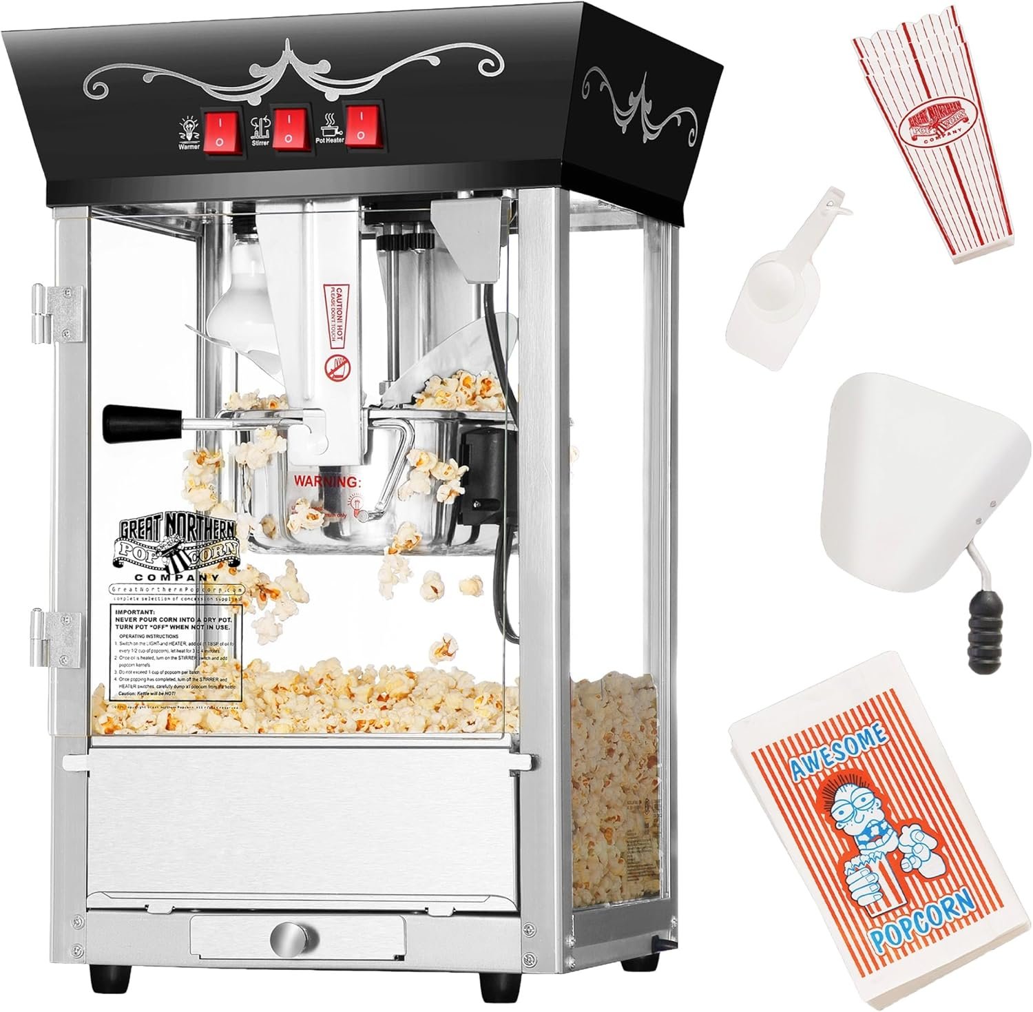 Matinee Popcorn Machine – 8oz Popper with Stainless-Steel Kettle, Reject Kernel Tray, Warming Light, and Accessories by Great Northern Popcorn (Black)