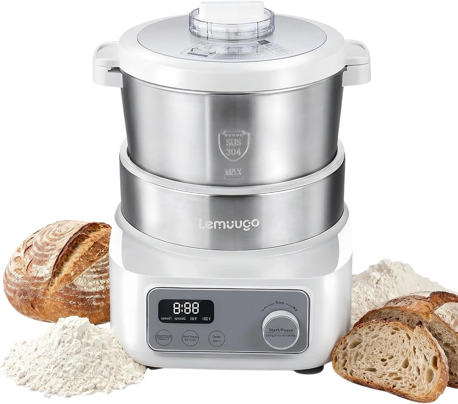 Lemuugo Electric Dough Maker with Fermentation & Proofing, 6.34QT Automatic Dough Kneading Machine for Bread, Pizza, Dumplings, Pasta Dough, 304 Stainless Steel Bowl, 24H Delay Start