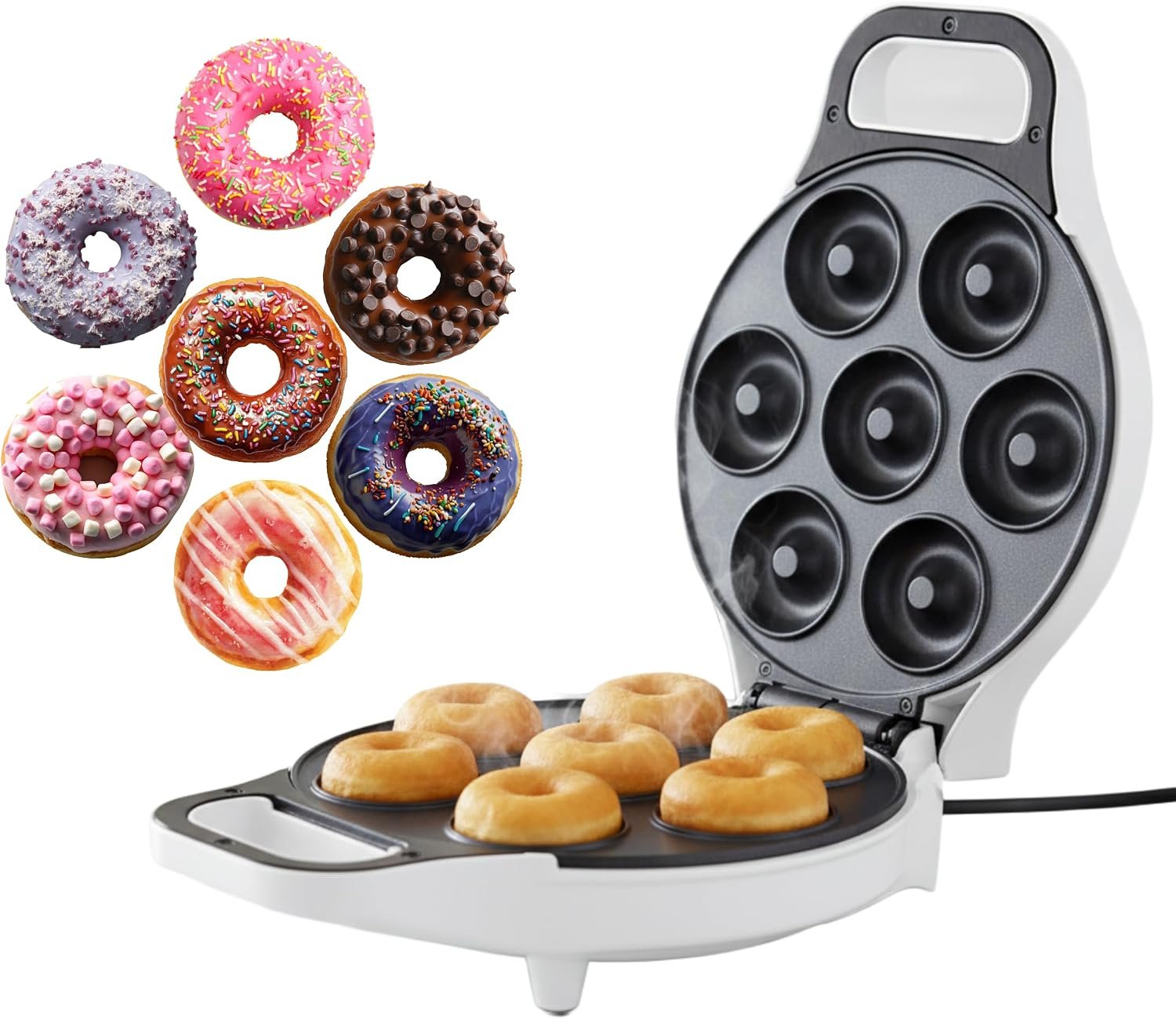 Mini Donut Maker, Durable, Nonstick Easy to Use Mini Baking Machine – Cooks 7 Mini Doughnuts at a Time – Glazed, Frosted with Sprinkles, Nuts, or Vegan Donuts, & More (White)