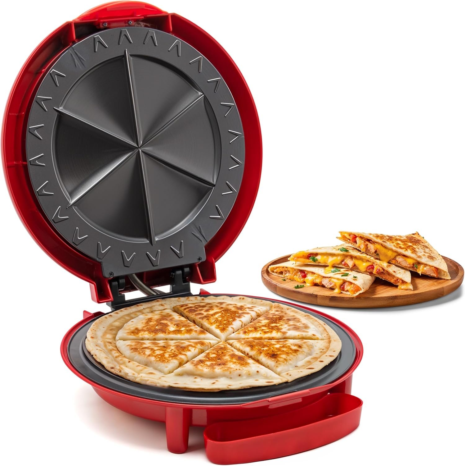 Elite Gourmet EQD-118 Electric Non-Stick 11″ Quesadilla Maker, Easy-Slice 6-Wedge, Grilled Cheese Corn Flour Tortilla Snacks, Red