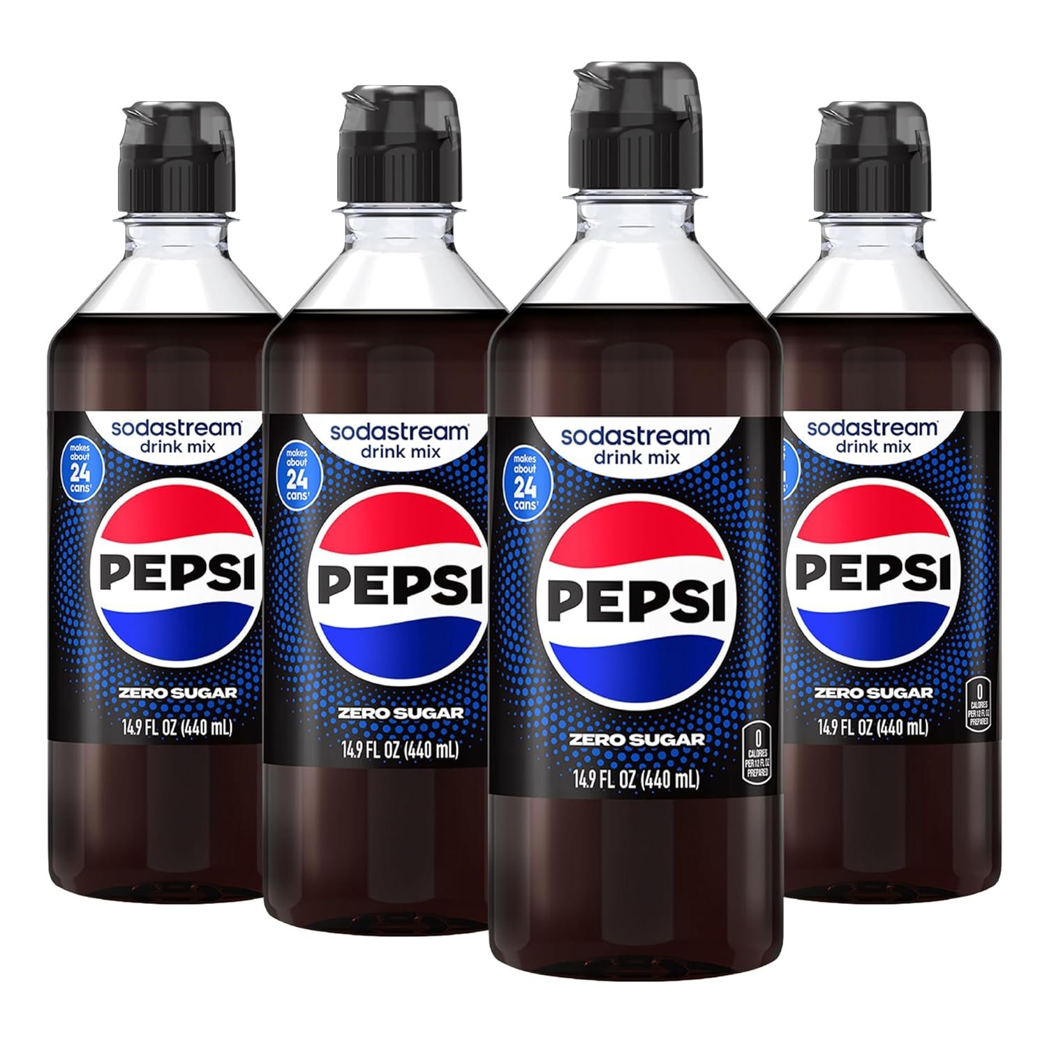 SodaStream Pepsi Zero Sugar Drink Mix, 4 Pack Cola Syrup for Sparkling Water Makers, Real Taste Pepsi Zero Syrup, Control Your Fizz with Soda Stream Flavors, 4 x 14.9 Fl Oz (440ml)