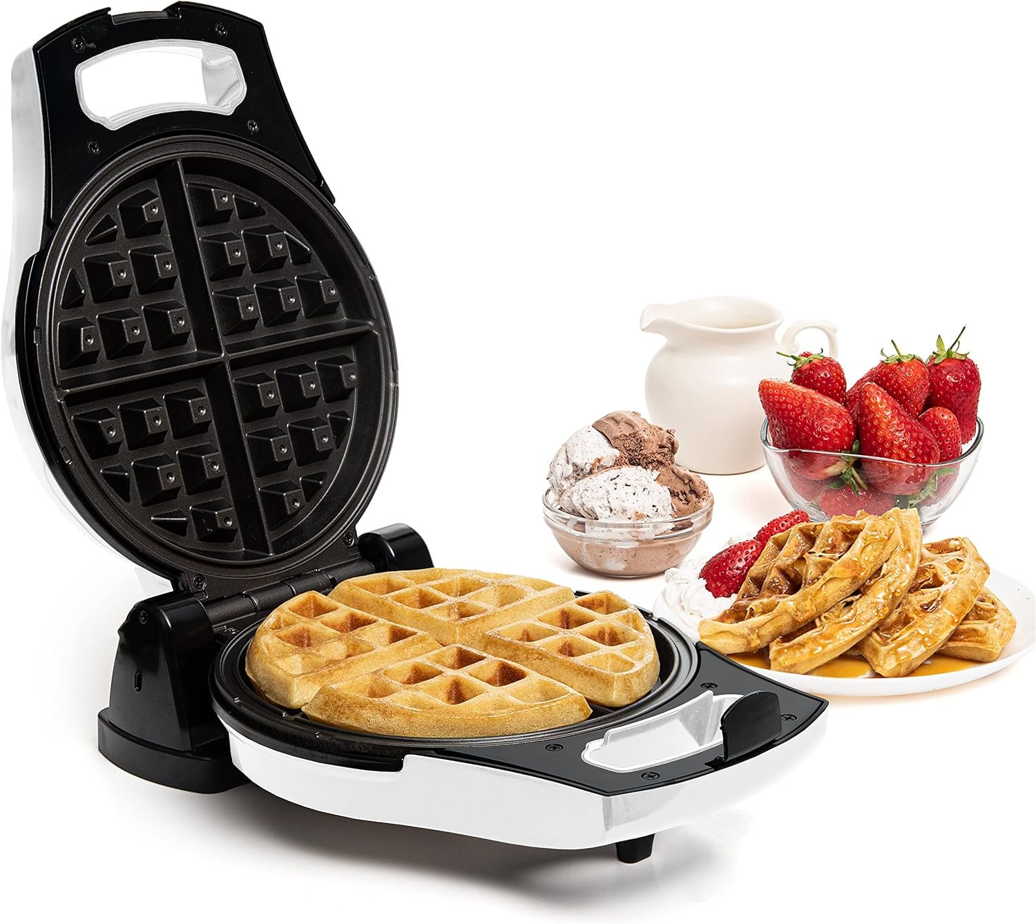 Moss & Stone Belgian Waffle Maker – Rotating Flip Design, 8-Inch Electric Waffle Iron, Non-Stick Grids for Easy Release & Clean, Adjustable Temperature, Compact Upright Storage, White