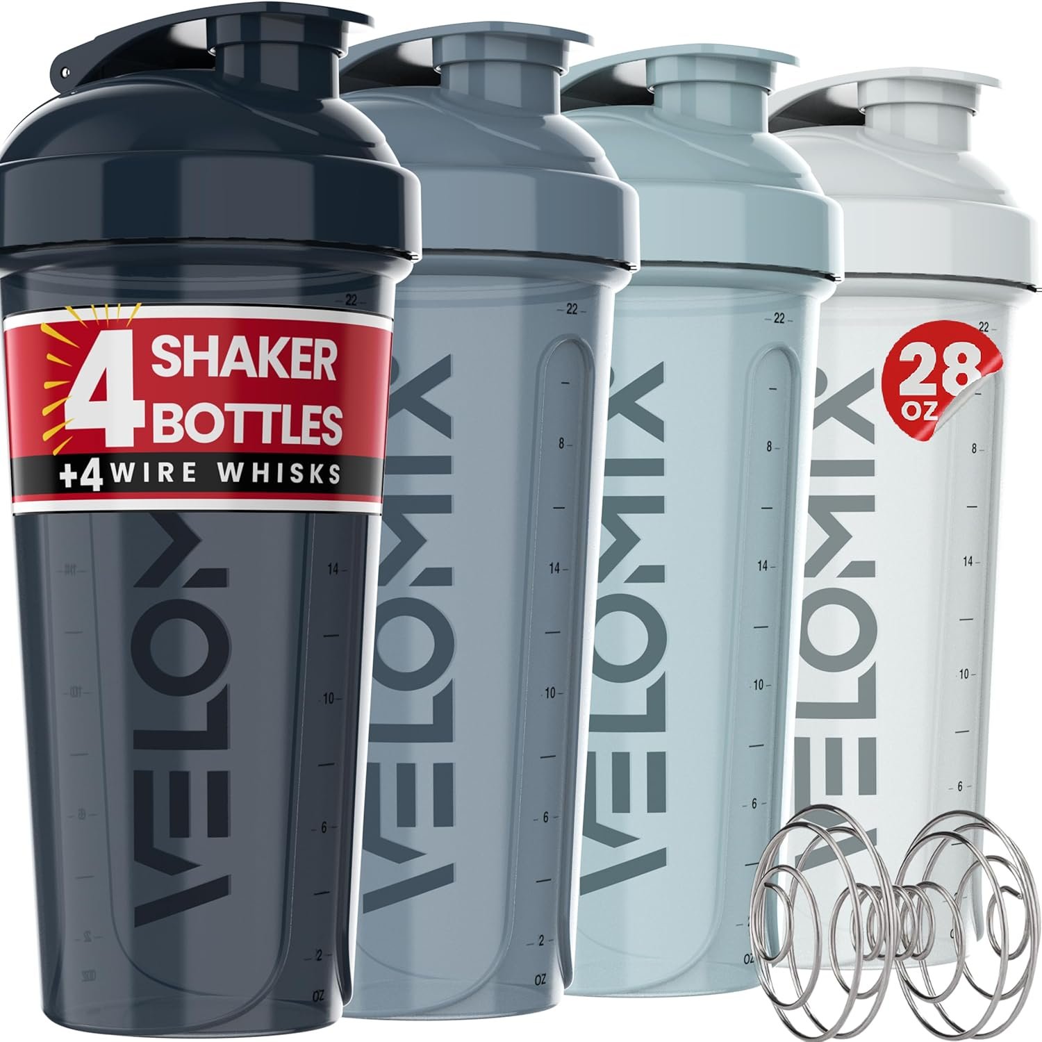 VELOMIX -4 PACK 28 Oz Protein Shaker Bottle for Protein Mixes – 4x Wire Whisk | Leak Proof Shaker Cups for Protein Shakes | Large, Stackable Protein Shaker Bottles Pack | Dishwasher Safe (Aqua Depths)