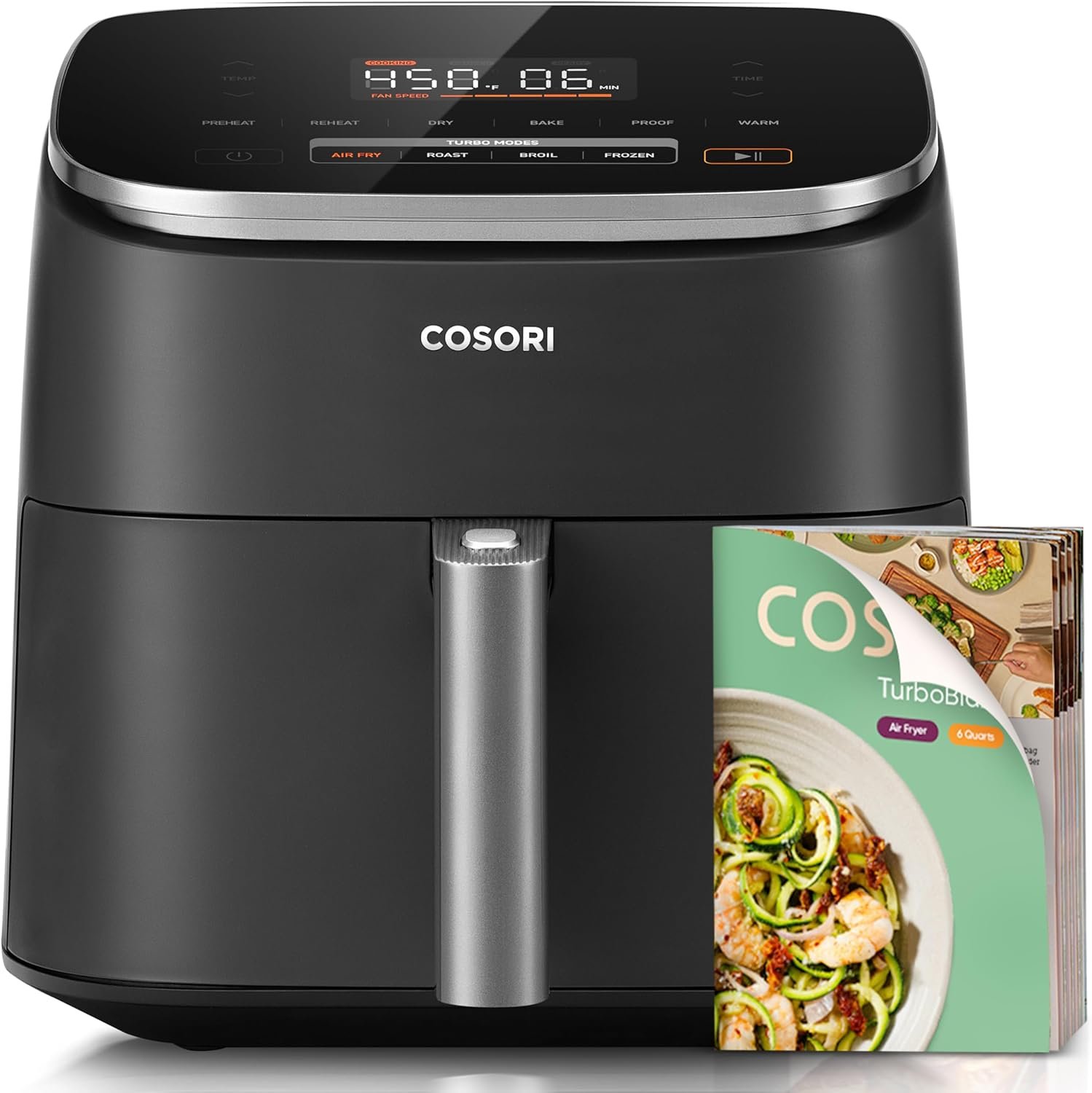 Cosori 9-in-1 TurboBlaze Air Fryer 6 Qt, PFAS-Free Ceramic Coating, 90°–450°F, Precise Heating for Even Results, Air Fry, Roast, Bake, Broil, Dry, Frozen, Proof, Reheat, Keep Warm, 120V, Dark Gray