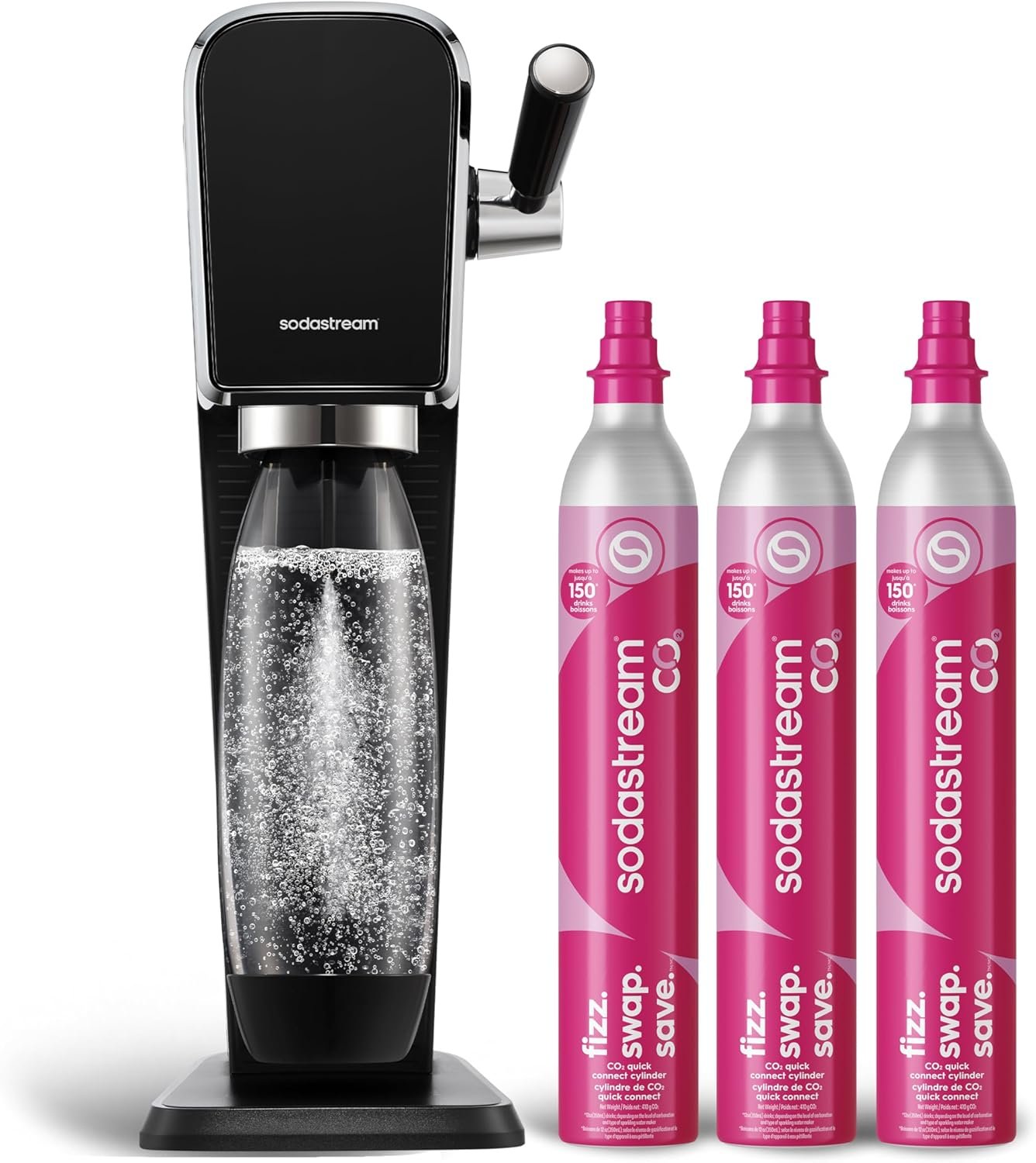 SodaStream Art Sparkling Water Maker Bundle in Black, with 3-Pack CO2 and Carbonating Bottle