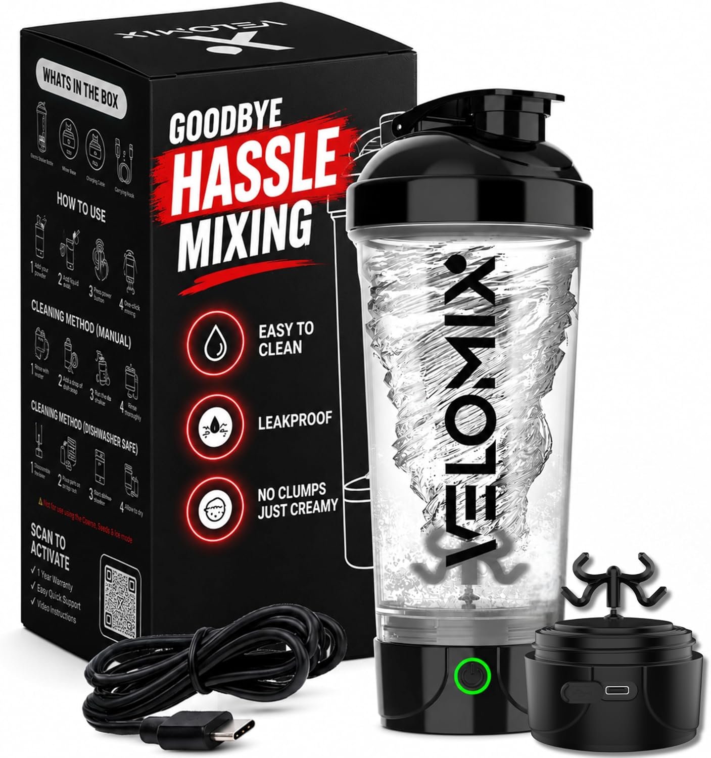VELOMIX Electric Protein Shaker Bottle – 24 oz | USB-C Rechargeable | Leak Proof Shaker Cups for Protein Shakes | Portable Blender for Shakes and Smoothies (Electric-Transparent)