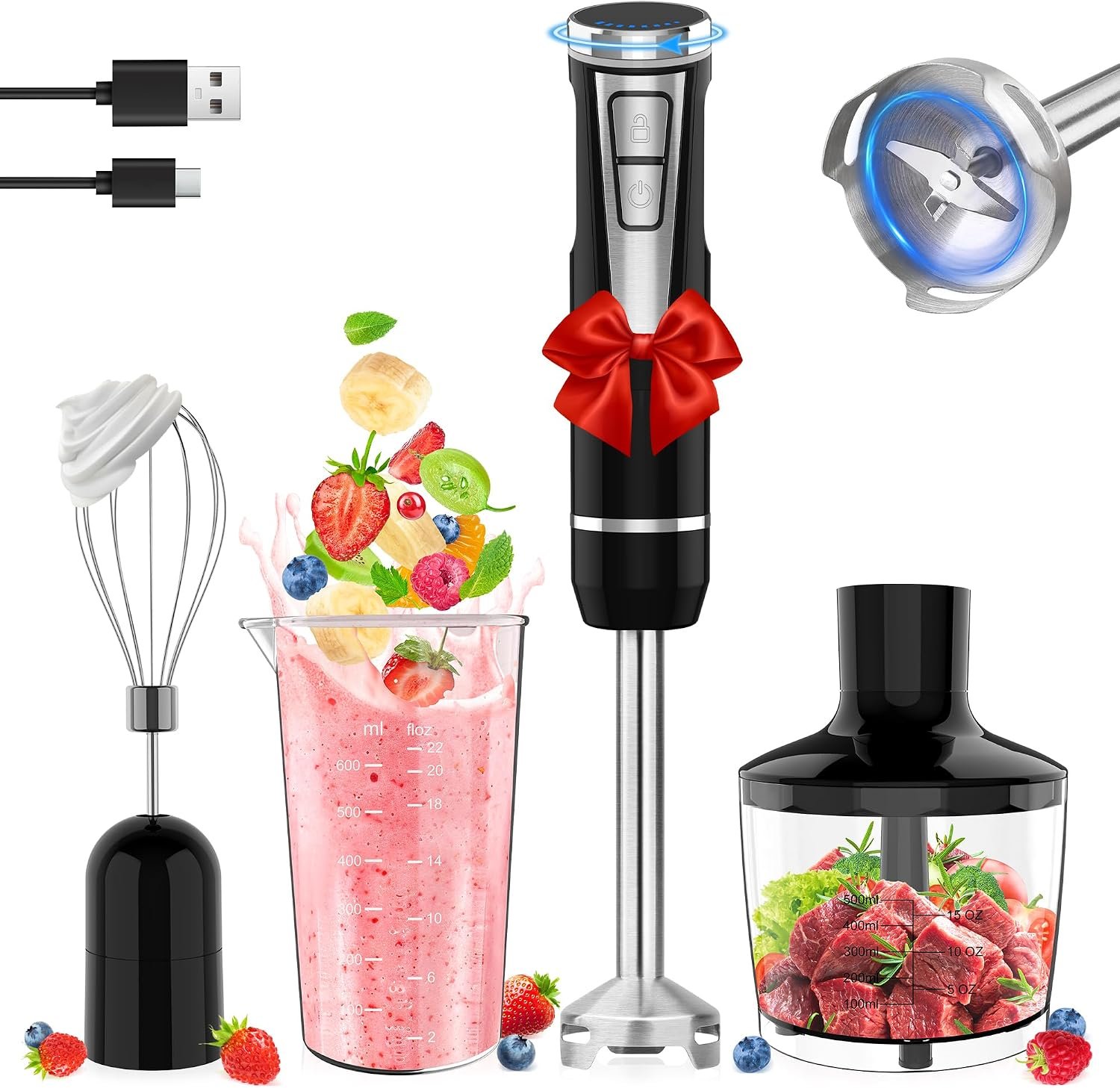 Cordless Immersion Blender Handheld, 4-in-1 Cordless Hand Blender with 500ml Chopper, 600ml Beaker & Egg Whisk, 8 Speeds, USB Rechargeable Handheld Blender Cordless – Smoothies, Baby Food (Black)