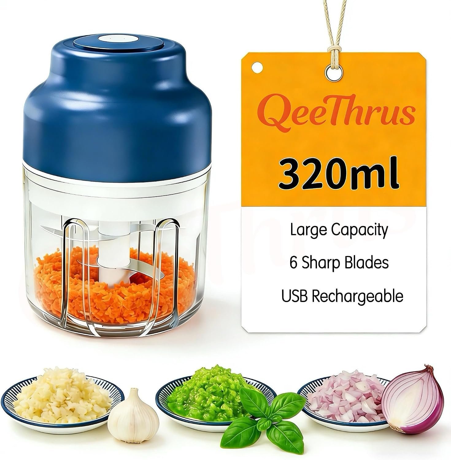 Electric Garlic Chopper, 320ML Mini Food Processor for Kitchen | USB rechargeable 23W motor, 6 stainless steel blades and detachable dishwasher-safe bowl
