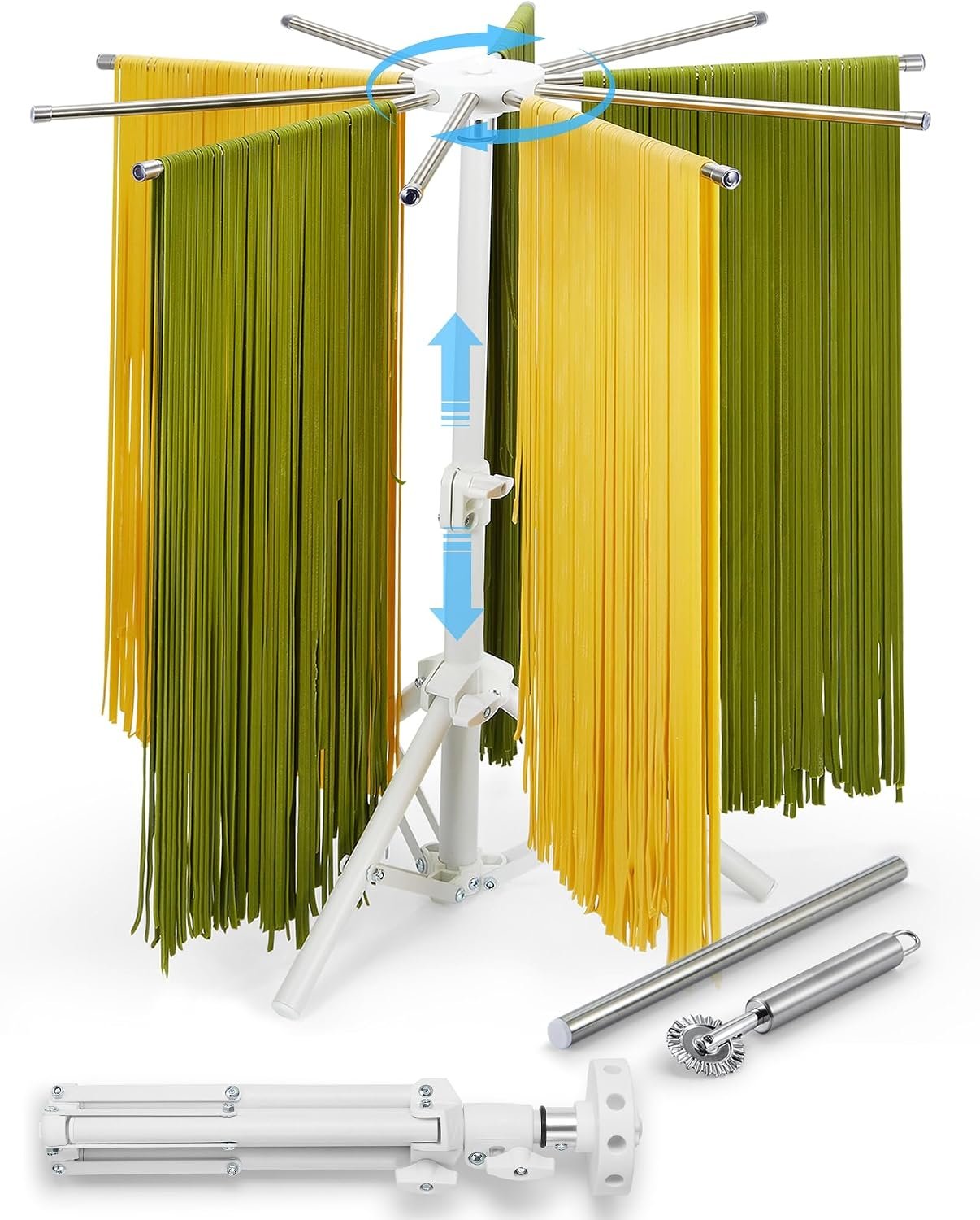 Pasta Drying Rack Collapsible, 360° Rotating, Adjustable Height(14.5″-23.6″), 304 Stainless Steels Arm, Large Noodle Dryer Foldable with Ravioli Wheel for Homemade Fresh Pasta Spaghetti
