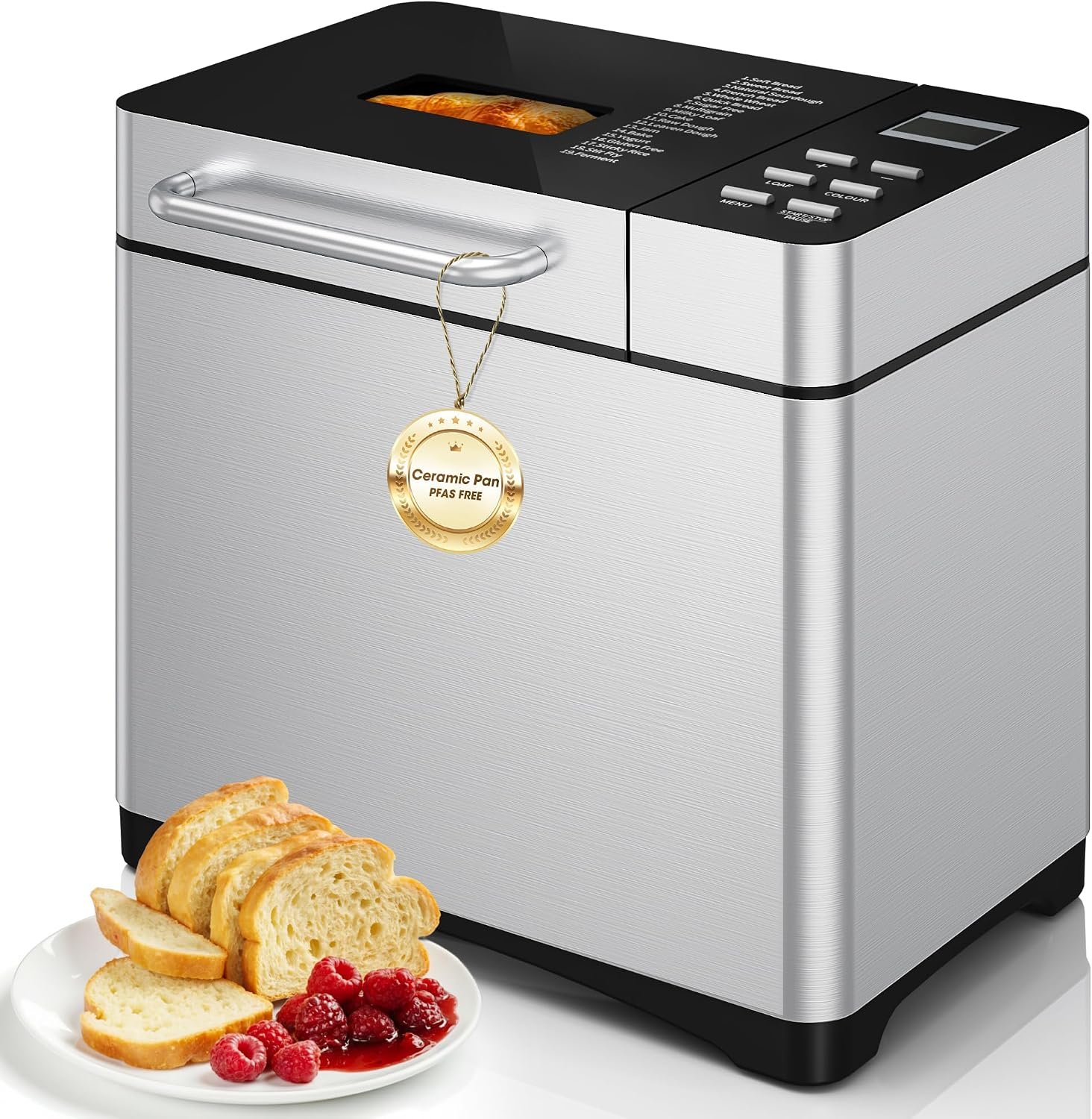 Manastin 19-in-1 Bread Maker Pro, 2LB Bread Machine with Fruit and Nut Dispenser, Stainless Steel Housing, Nonstick Baking Pan, 2 Pound Bread Maker Machine, Ideal Kitchen Gift for Home Bakers
