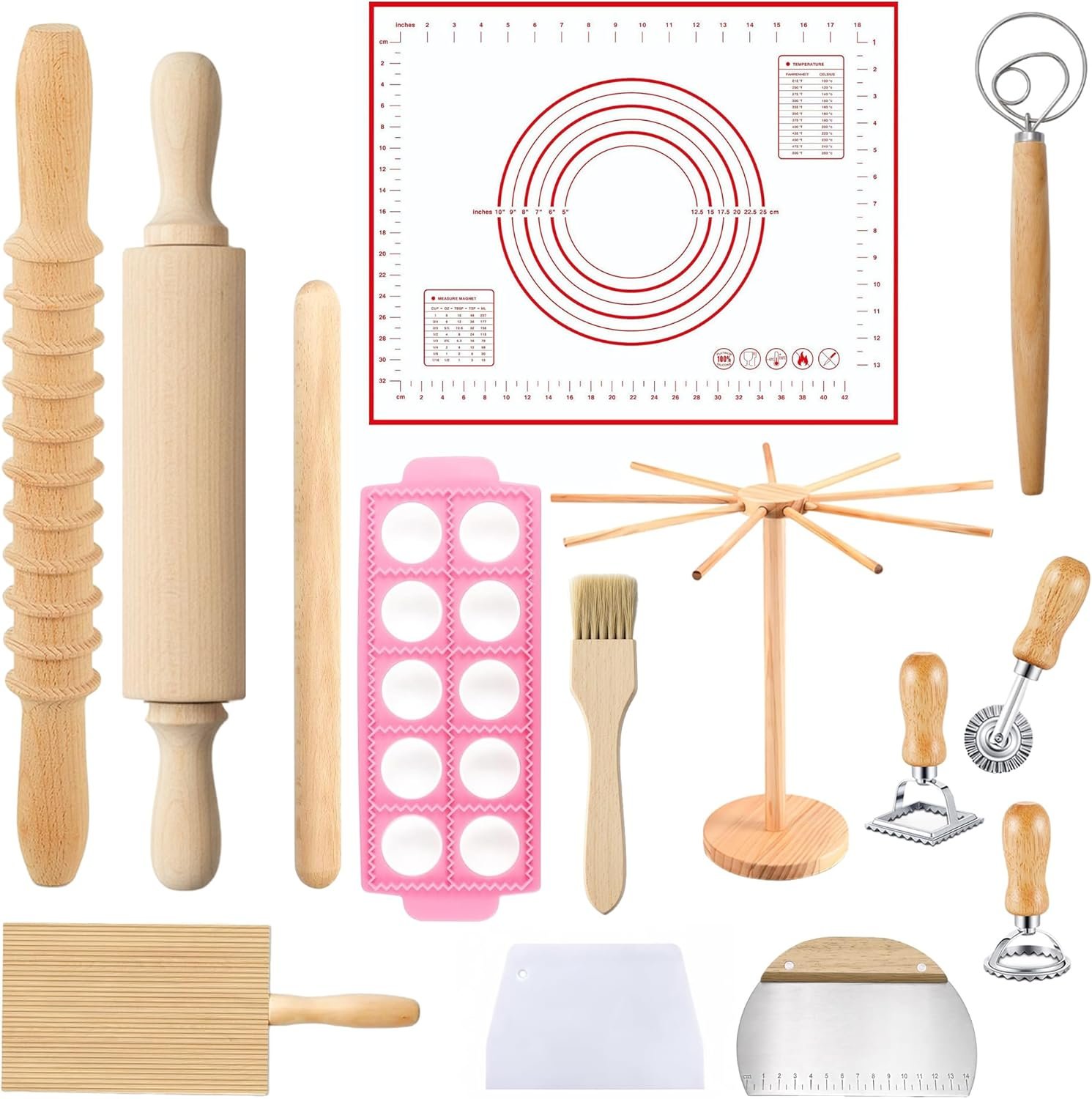 Pasta Making Tools Set 14 PCS, Pasta Maker Kit with Drying Rack, Ravioli Maker Press, Pasta Cutting Tools, Beech Wood Rolling Pins, Gnocchi Board, Homemade Pasta Accessories Set