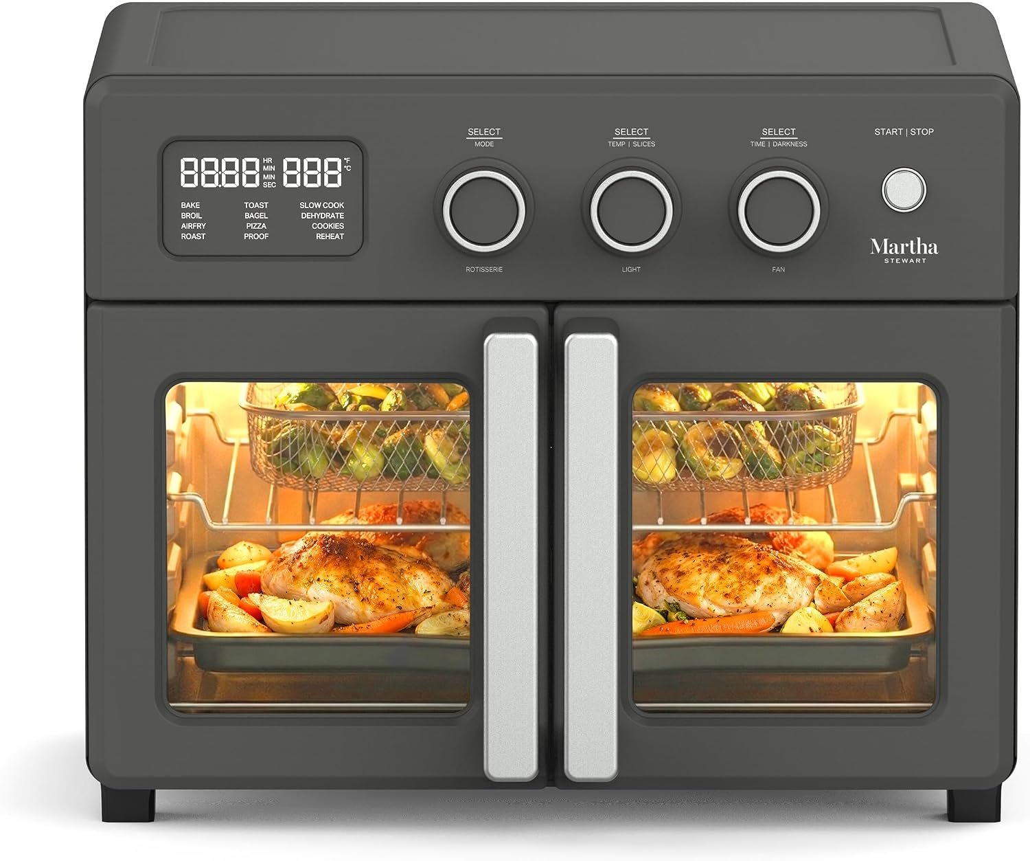 Martha Stewart French Door Air Fryer Toaster Oven Combo, 34QT Countertop Convection, 12-in-1, Bake, Broil, Roast, Fits 12” Pizza, Dehydrate, 5 Accessories, Air Fry Basket, Stainless Steel, Caviar Gray