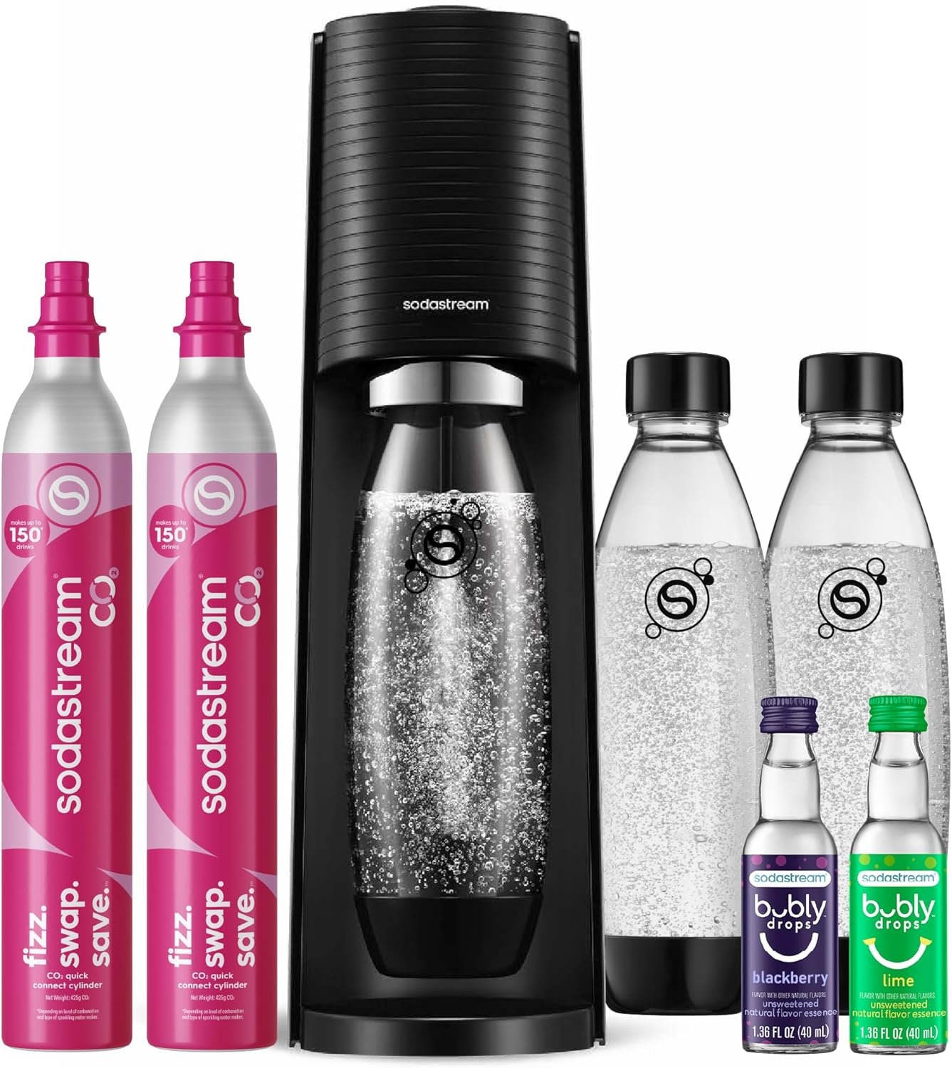 SodaStream TERRA Sparkling Water Maker, Value Bundle, CQC CO2 System, Includes 2 Quick Connect 60L CO2 Cylinders, 3 Dishwasher Safe BPA Free Bottles, 2 bubly Flavor Drops, Make your own Pepsi, Black