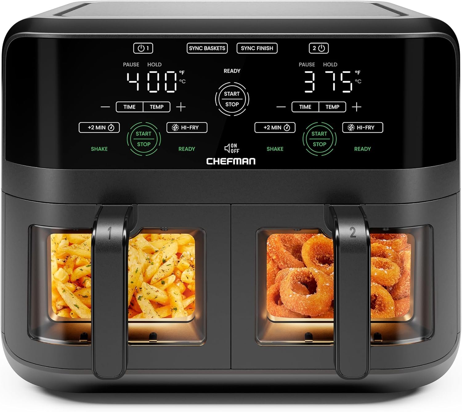 CHEFMAN 6 Quart Dual Basket Air Fryer Oven with Easy View Windows, Sync Finish, Hi-Fry, Auto Shutoff, 2 Independent 3Qt Nonstick Dishwasher Safe Frying Baskets, Digital Double Air Fryer – Black