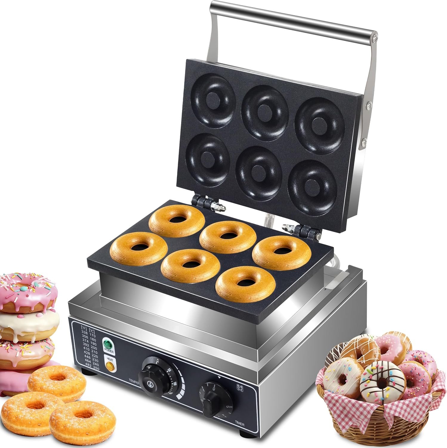 AEYDJXMER 110V Us Plug Commercial Waffle Donut Machine 6 Holes Double-Sided Heating 50-300℃，Donut Machine,Mini Donut Machine, Electric Doughnut Maker 1550W,Essential Snacks For Party Stalls, YD-6A
