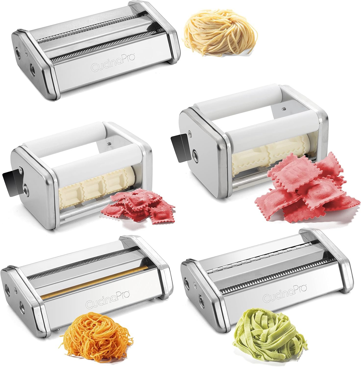 Ultimate Pasta Machine Attachment Set- Includes 5 Different Cutters for Homemade Spaghetti, Fettucini, Ravioli, Angel Hair- Durable & Compatible w CucinaPro & other Makers- Pasta Cooking Made Easy