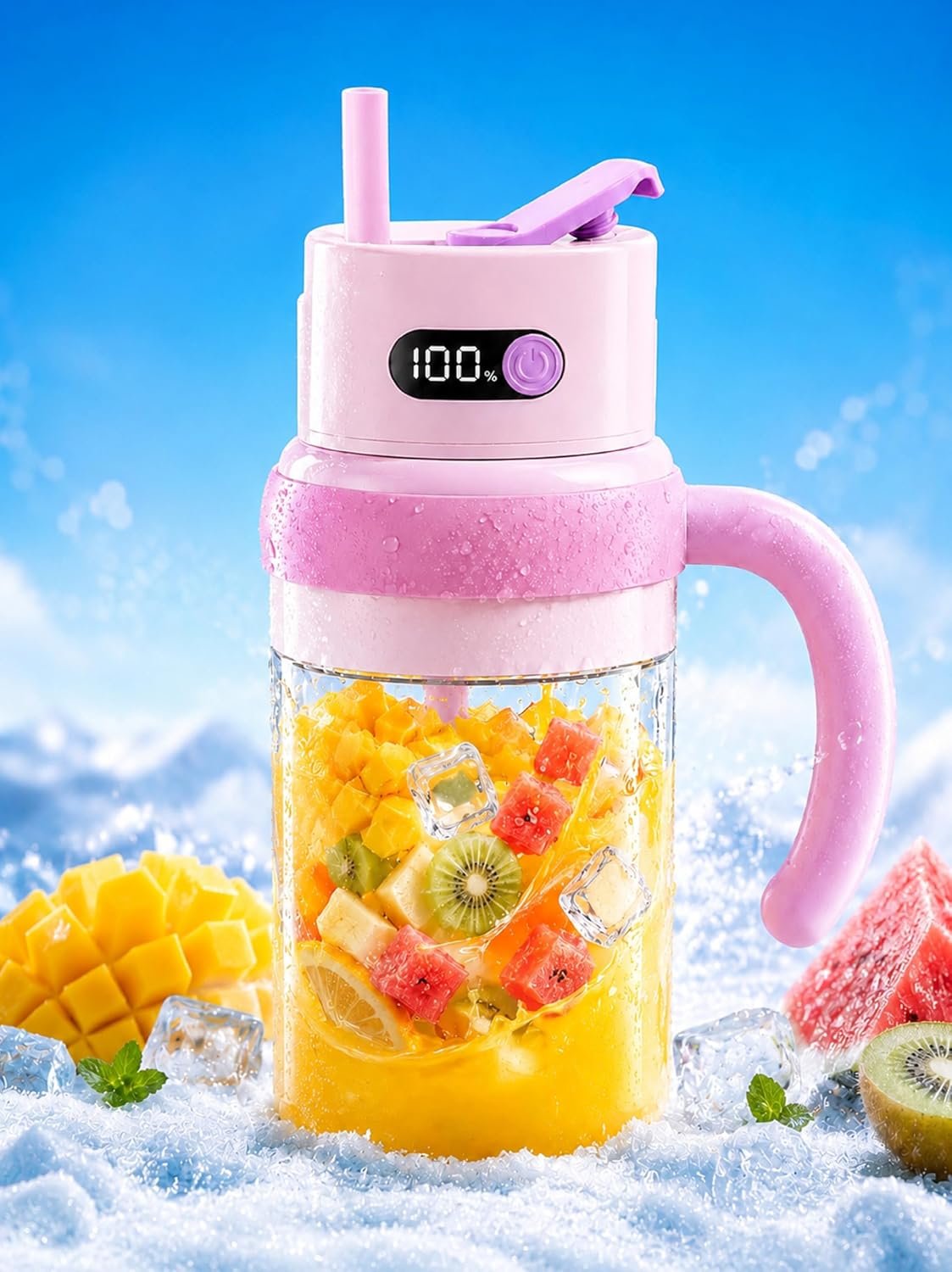 Portable Smoothie & Juicer Blender, Travel Personal Bottle with LED Display, Ice Crushing, Compact Small Blender for Protein Shakes (pink)