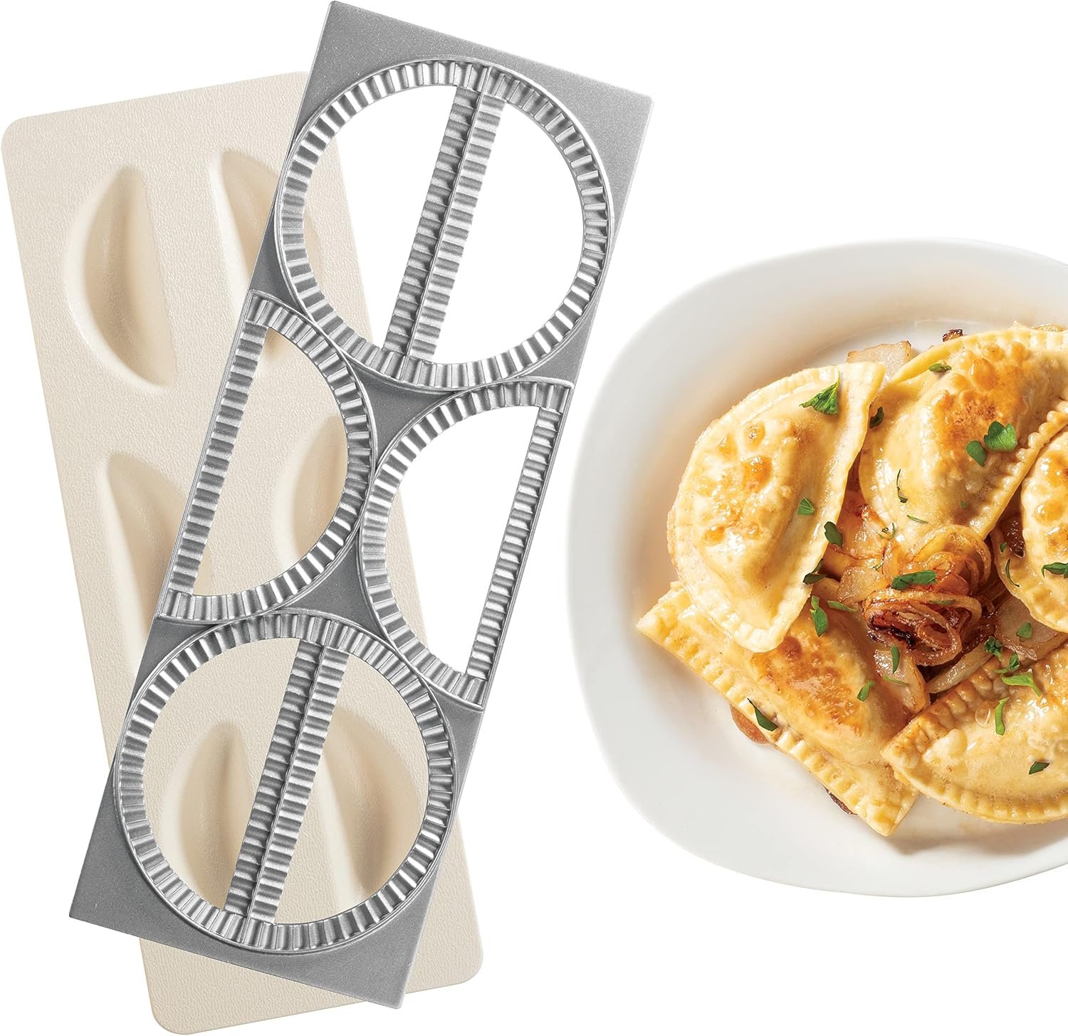 CucinaPro Pierogi Maker w Tray & Press- Make 6 Pierogis, Dumplings, Empanadas, Potstickers or Pastry at Once- Stainless Steel Durable Construction, Portable Set Easy to Use- Homemade Cooking Essential