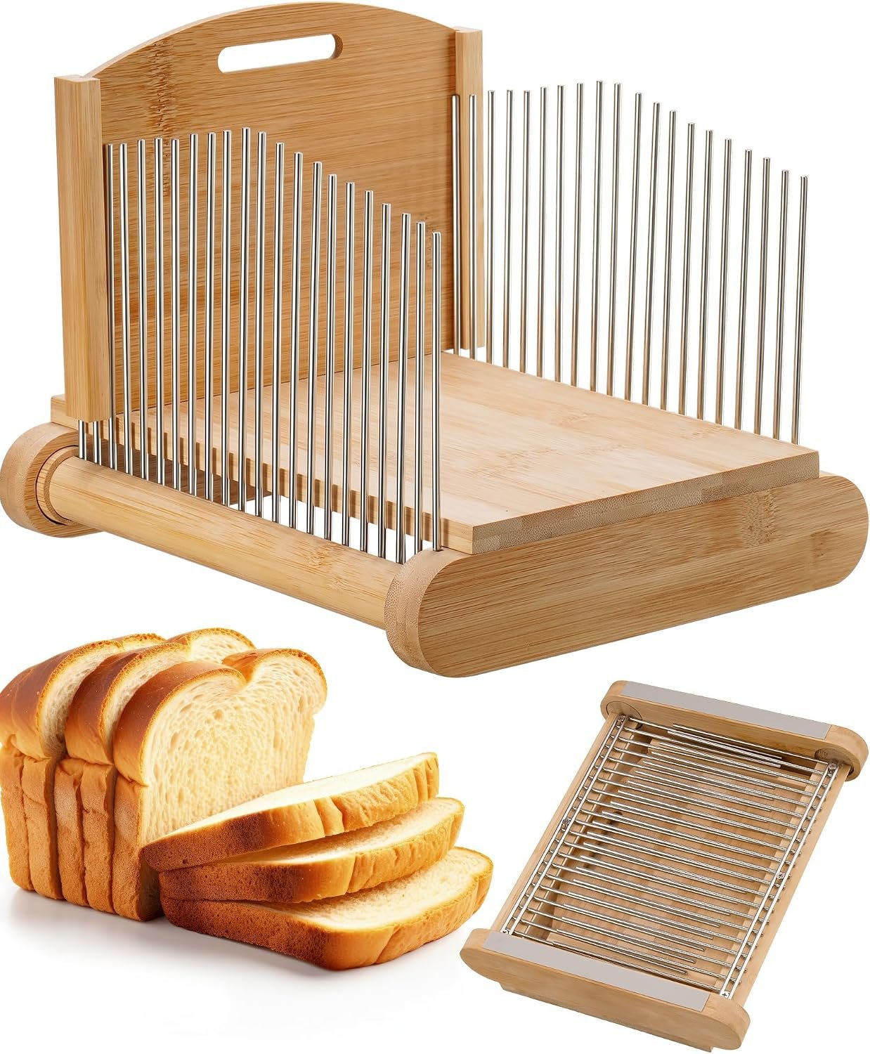 NiHome Bread Slicer for Homemade Bread, Bamboo, Adjustable Thickness | 304 Stainless Steel Guides, 3 Thickness for Sourdough, Toast, Sandwiches, Foldable Bamboo, Non-Slip Feet, Compact Storage