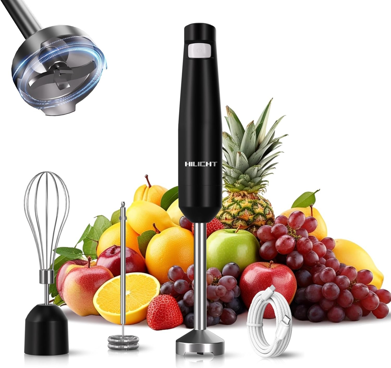 Cordless Immersion Hand Blender (Stick Blender) – Smooth, Controlled Blending for Everyday Cooking, 12V Brushless Motor, Pressure-Sensitive Variable Speed, USB-C Rechargeable, Easy-Clean (Black)