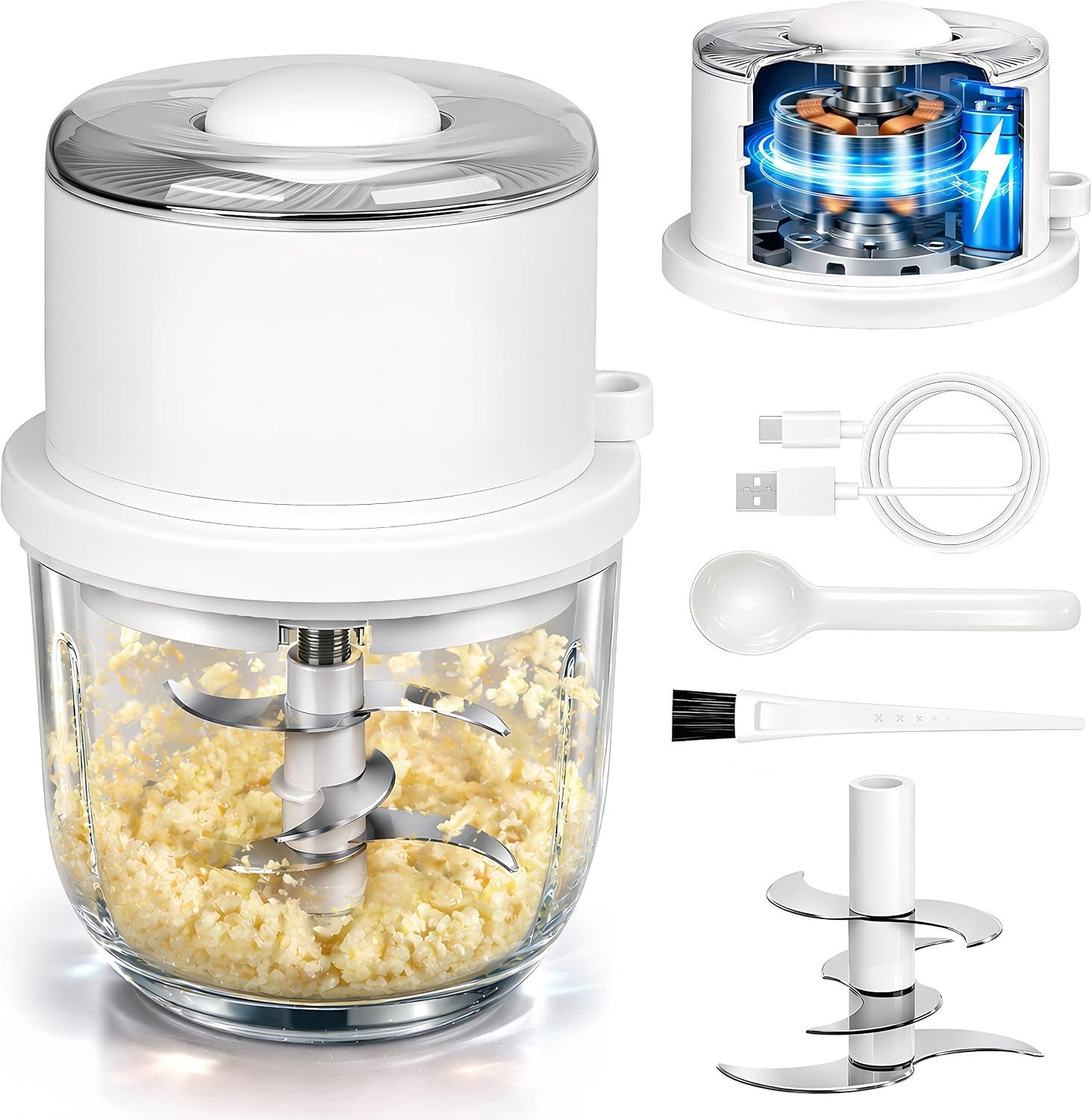 Electric Garlic Chopper, Mini Portable Chopper with Secure 6 Stainless Steel Blades & 350ML Glass Bowl, Cordless Mini Food Processor, 60+ Uses Per Charge for Kitchen, RV & Camping (White-B)