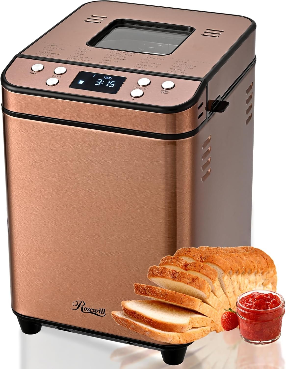 Rosewill 25-in-1 Automatic Bread Maker Machine with 3 Loaf Size up to 2 Lb, 700W High Power Dual Heater with BPA-Free Nonstick Coating Pan, Max 15 Hours Delay Timer, Low Noise, Cinnamon