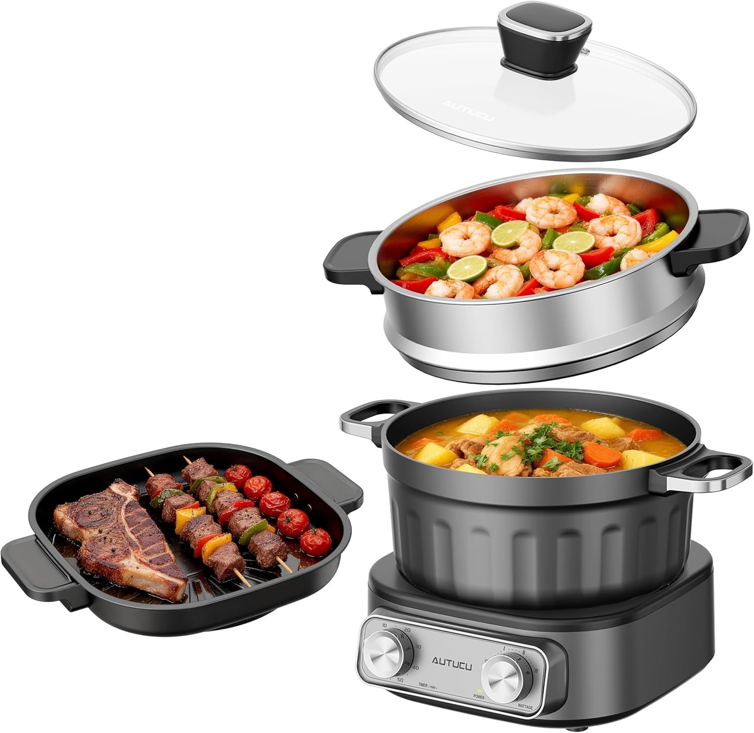 N74SNA Hot Pot Electric, Multi-Cooker 2.5 Quart Grill Steamer Set, PFOA-Free Nonstick for Steak, Soup, Fried Rice, Oatmeal, Egg, Ramen with Power Adjustment