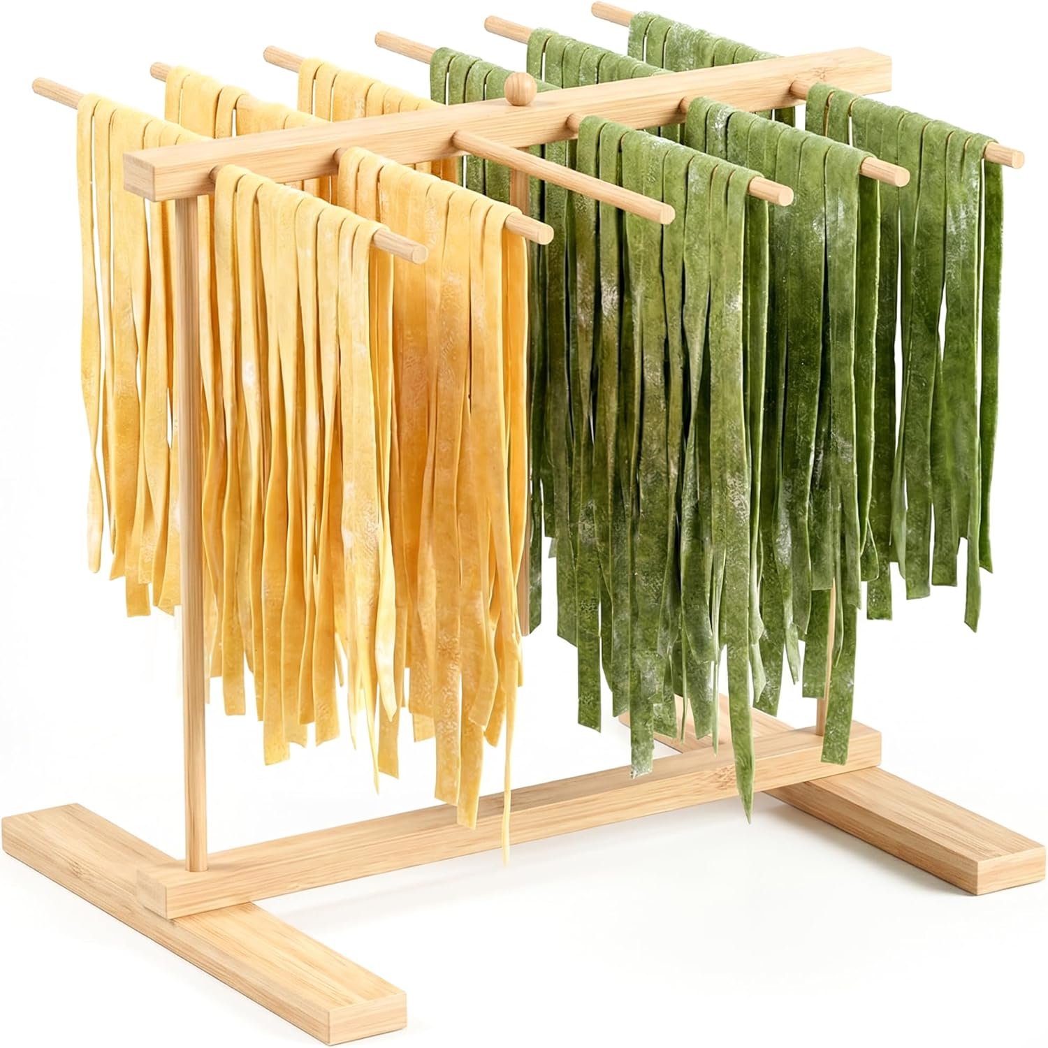 Bamboo Pasta Drying Rack with Transfer Wand and 12 Bars, Noodle Drying Rack for Pasta, Pasta Dryer Stand, Pasta Hanger for Kitchen