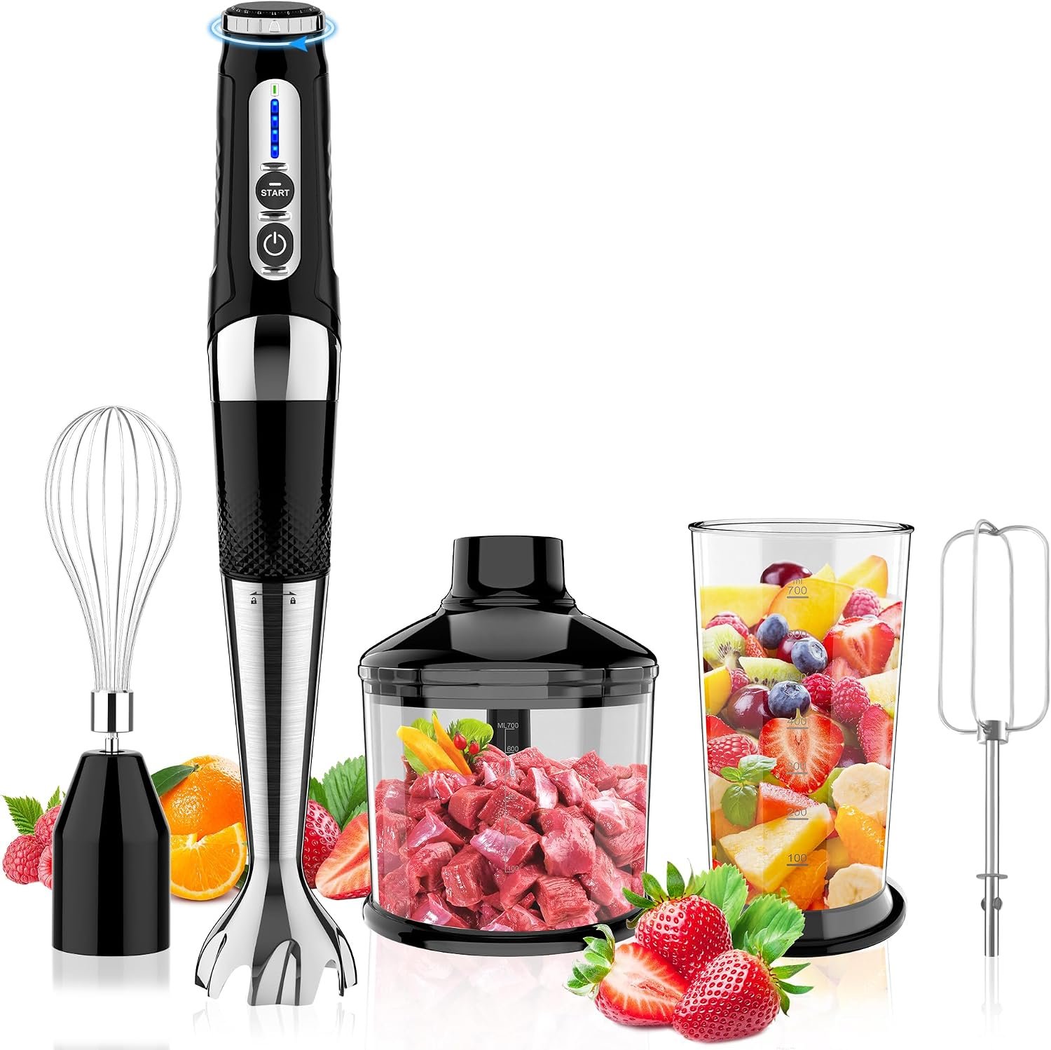 Toogel Cordless Immersion Blender, 4-in-1 Electric Hand Blender with 21-Speed & 3-Angle Adjust, USB Rechargeable, BPA-Free & Dishwasher Safe for Baby Food, Smoothies, Soup (Black)