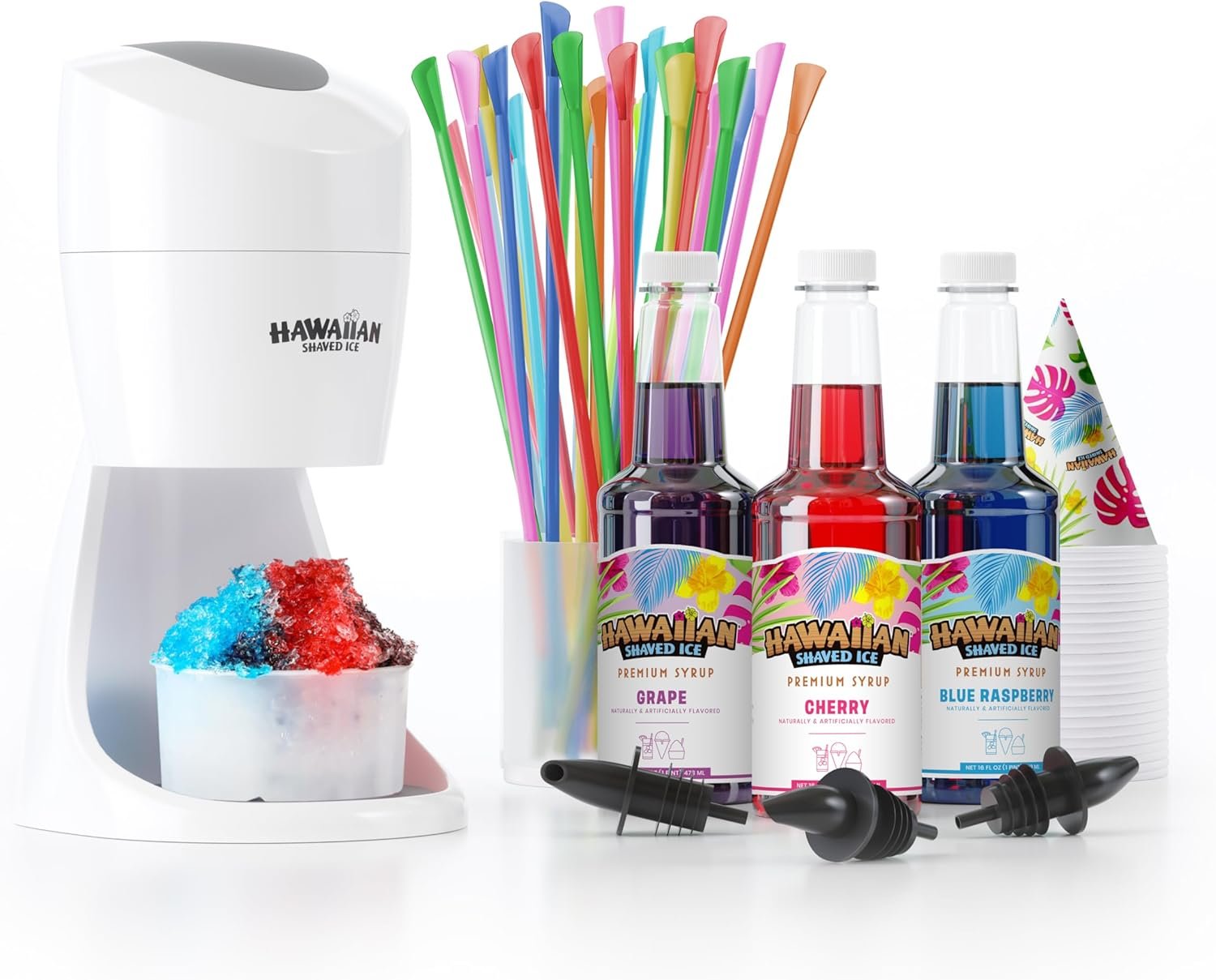 Hawaiian Shaved Ice Machine Kit – 3 Flavors, 25 Cups, Straws, Pourers, Ice Molds