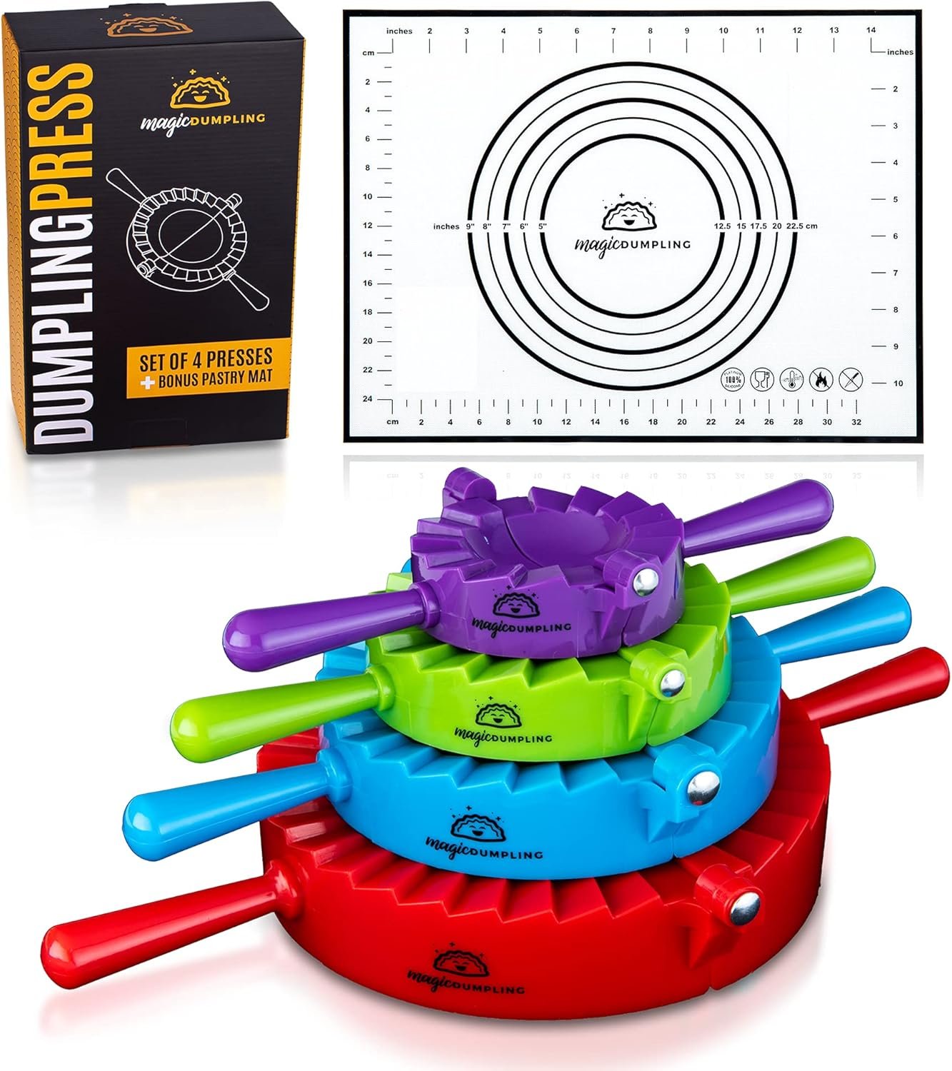 Magic Dumpling Maker Kit, Set of 4 – Mold Ravioli, Empanadas, Momos, Gyozas, Pot Stickers, Jamaican Beef Patties, Pierogi and Calzones – Wonton Dough Press and Pasta Making Tools