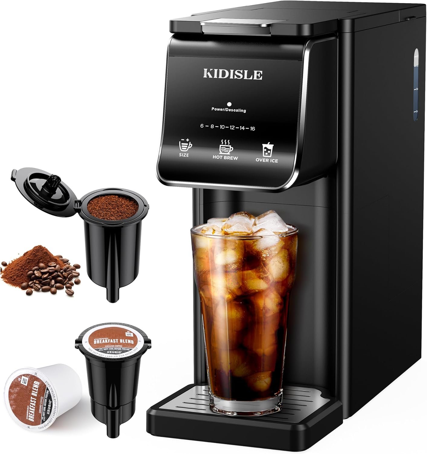 KIDISLE Hot & Iced Single Serve Coffee Maker for K Cup & Grounds, 6–16oz Brew Sizes, 40oz Water Tank, Reusable Pod Filter, Easy-to-Use for Home, Office, Dorm, Black