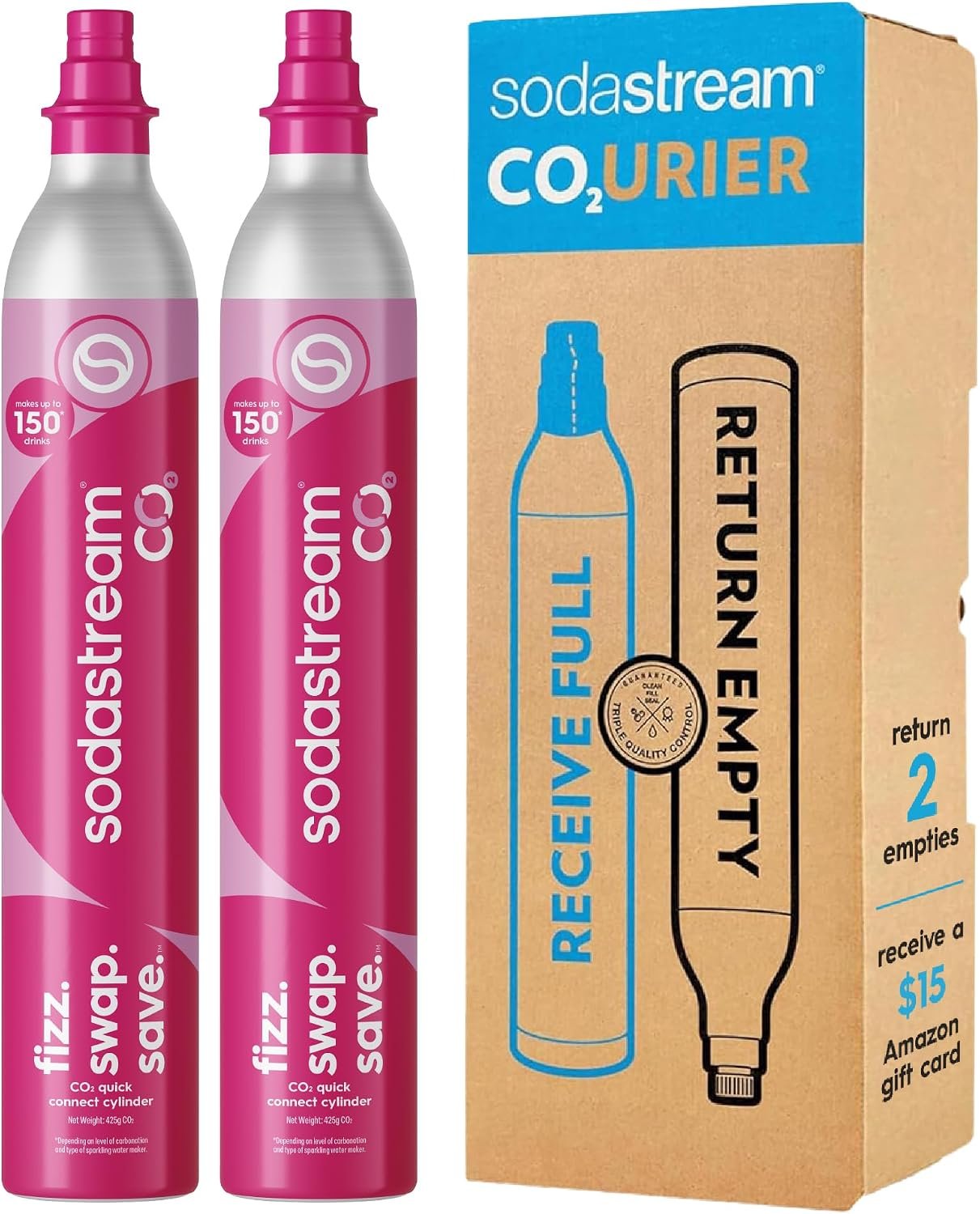 SodaStream CO2 Gas Refill Pack, 2 x 60L Pink Quick Connect Cylinders, Soda Stream CO2 Refill, Return to Earn $15 Amazon.com Gift Card, Compatible with TERRA, ART, ENSO, E-TERRA, E-DUO & Other Brands