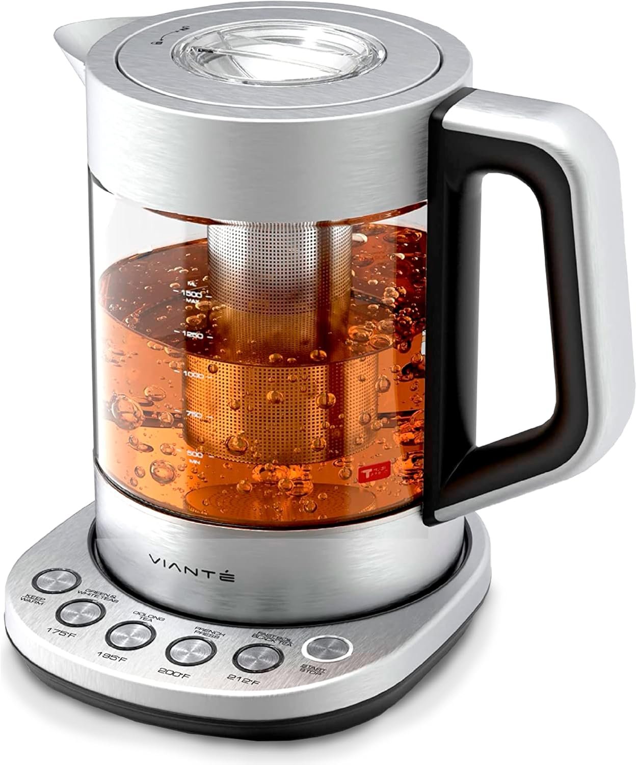 Viante Alba Electric Tea Kettle with Infuser, No Plastic In Contact With Water, 1.5L Borosilicate Glass, 304 Stainless Steel, 4 Temperature Presets, Keep Warm, Cordless, Auto Shut-Off