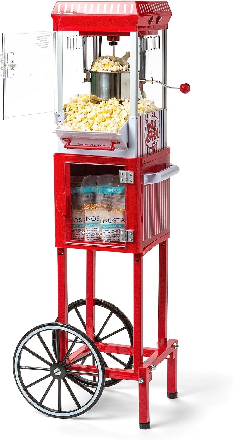 Nostalgia Popcorn Maker Machine – Professional Cart With 2.5 Oz Kettle Makes Up to 10 Cups – Vintage Popcorn Machine Movie Theater Style – Red & White