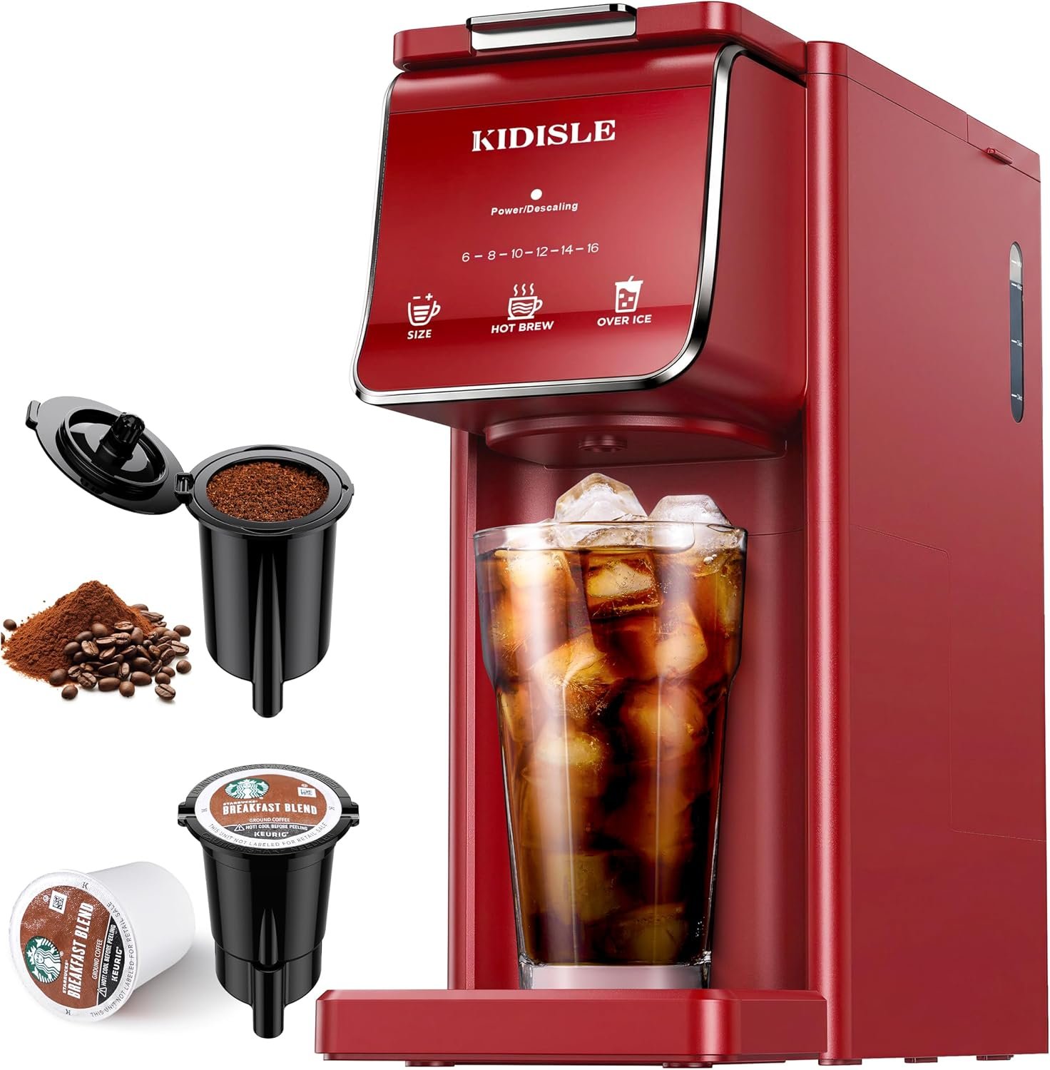 KIDISLE Single Serve Coffee Maker for K Cup & Ground Coffee – Hot & Iced, 6-16oz Sizes, 40oz Water Tank, Reusable Filter, Compact for Home Office Dorm, Red