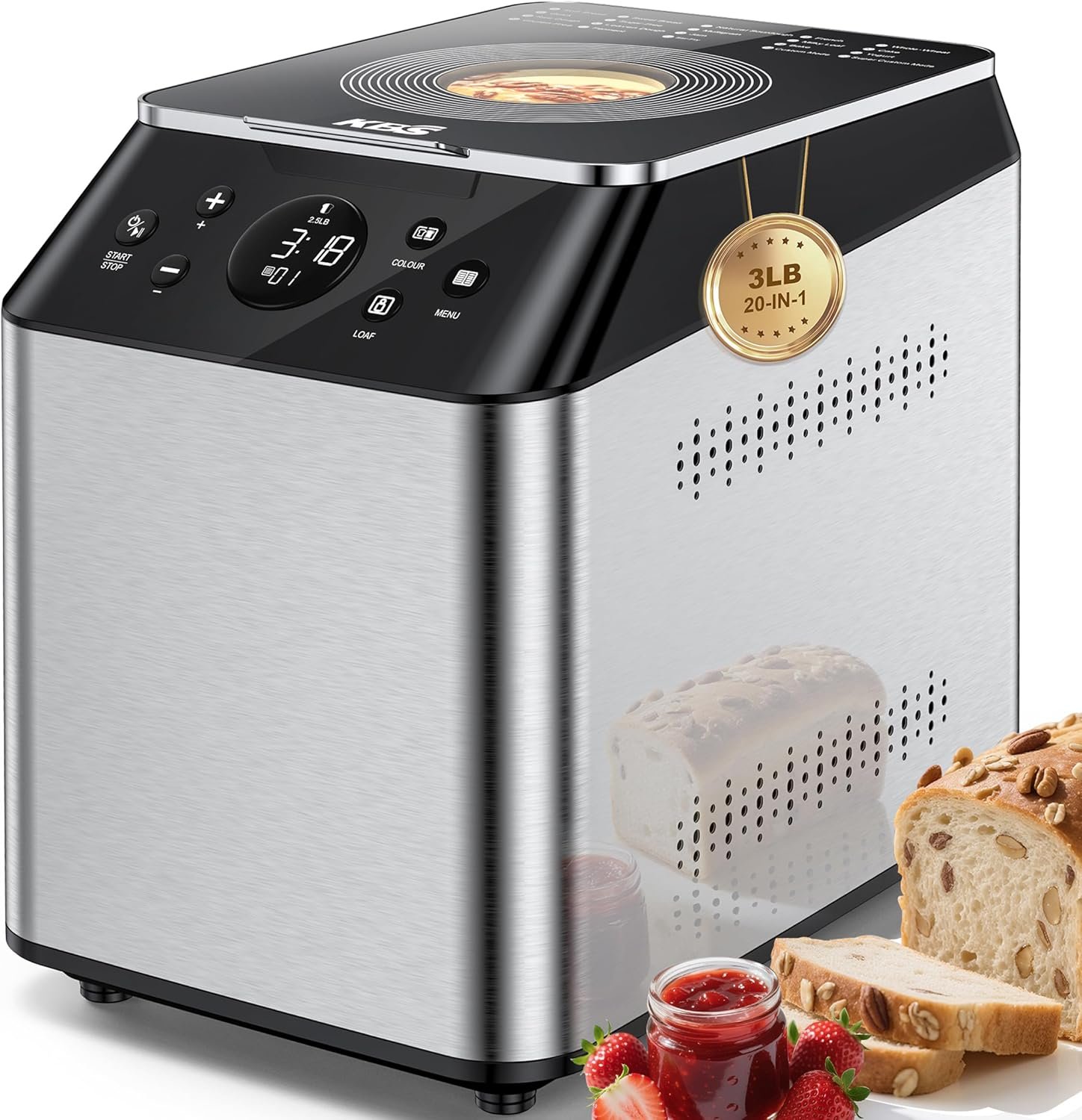 KBS 750W Programmable Bread Maker, Dual Heaters Bread Machine with 3LB Ceramic Pan & Fruit Dispenser,20-in-1 Stainless Steel Automatic Bread Maker Machine with Quiet Brushless Motor,15H Timer,3 Colors