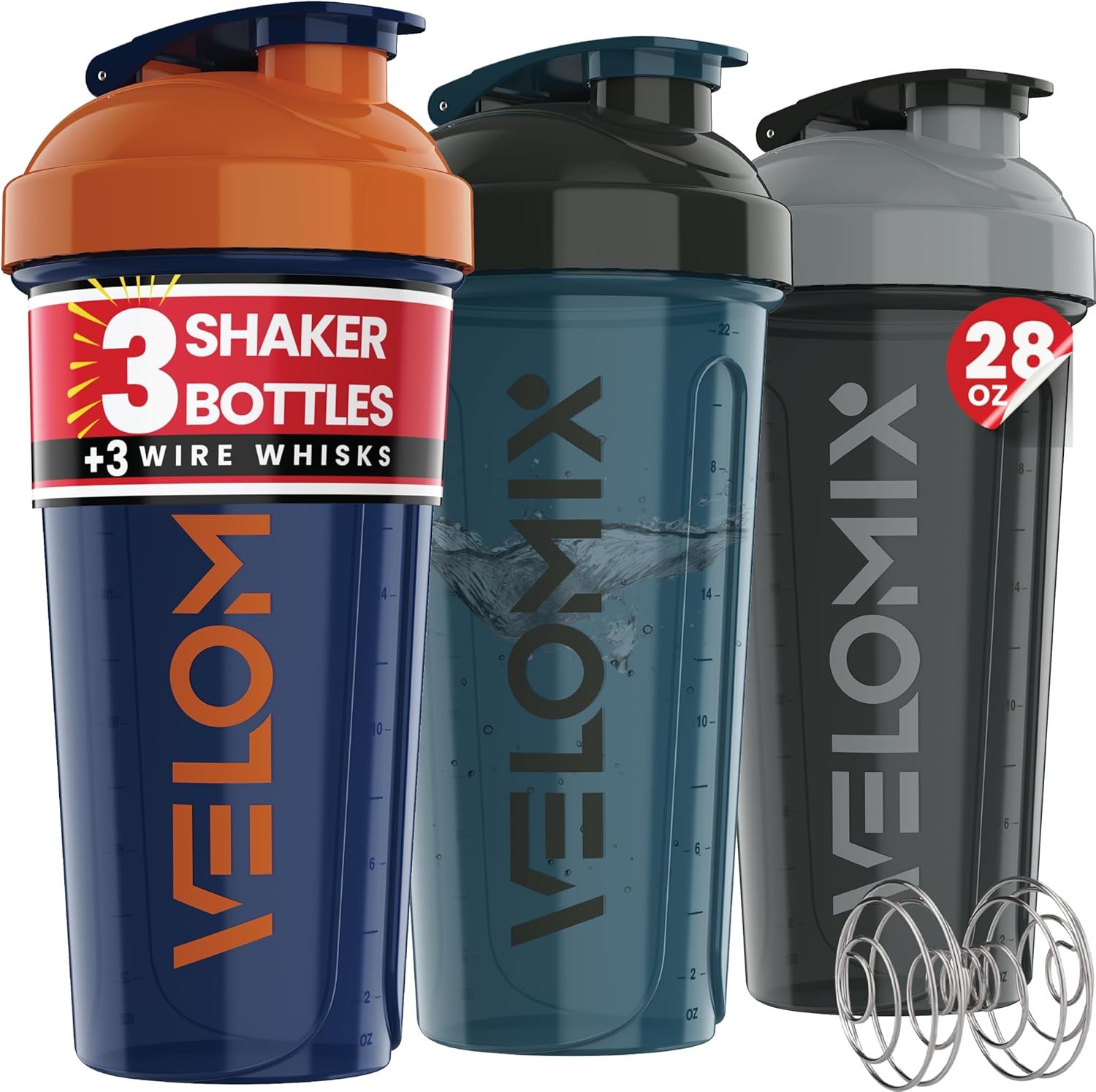 VELOMIX -3 PACK- 28 oz Protein Shaker Bottle for Protein Mixes – 3x Wire Whisk | Leak Proof Shaker Cups for Protein Shakes | Stackable Protein Shaker Bottle Pack | Dishwasher Safe (ColorBurst Set)