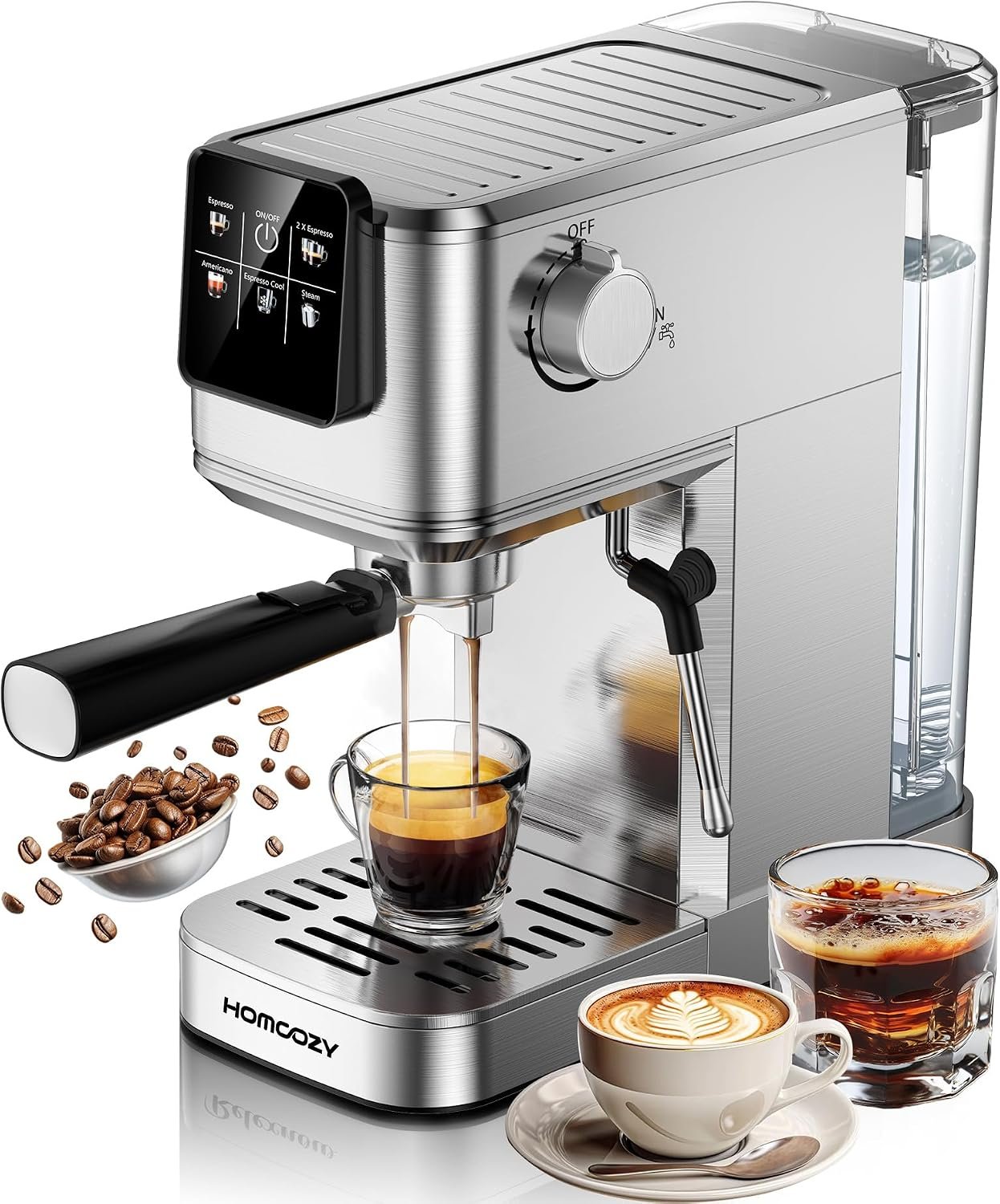 20 Bar Espresso Coffee Machine with Rapid Cold Brew Tech, Milk Frother, Touch Screen Control, Compact Water Tank, Ideal for Lattes, Cappuccinos, Americano, Home & Office(Sliver)
