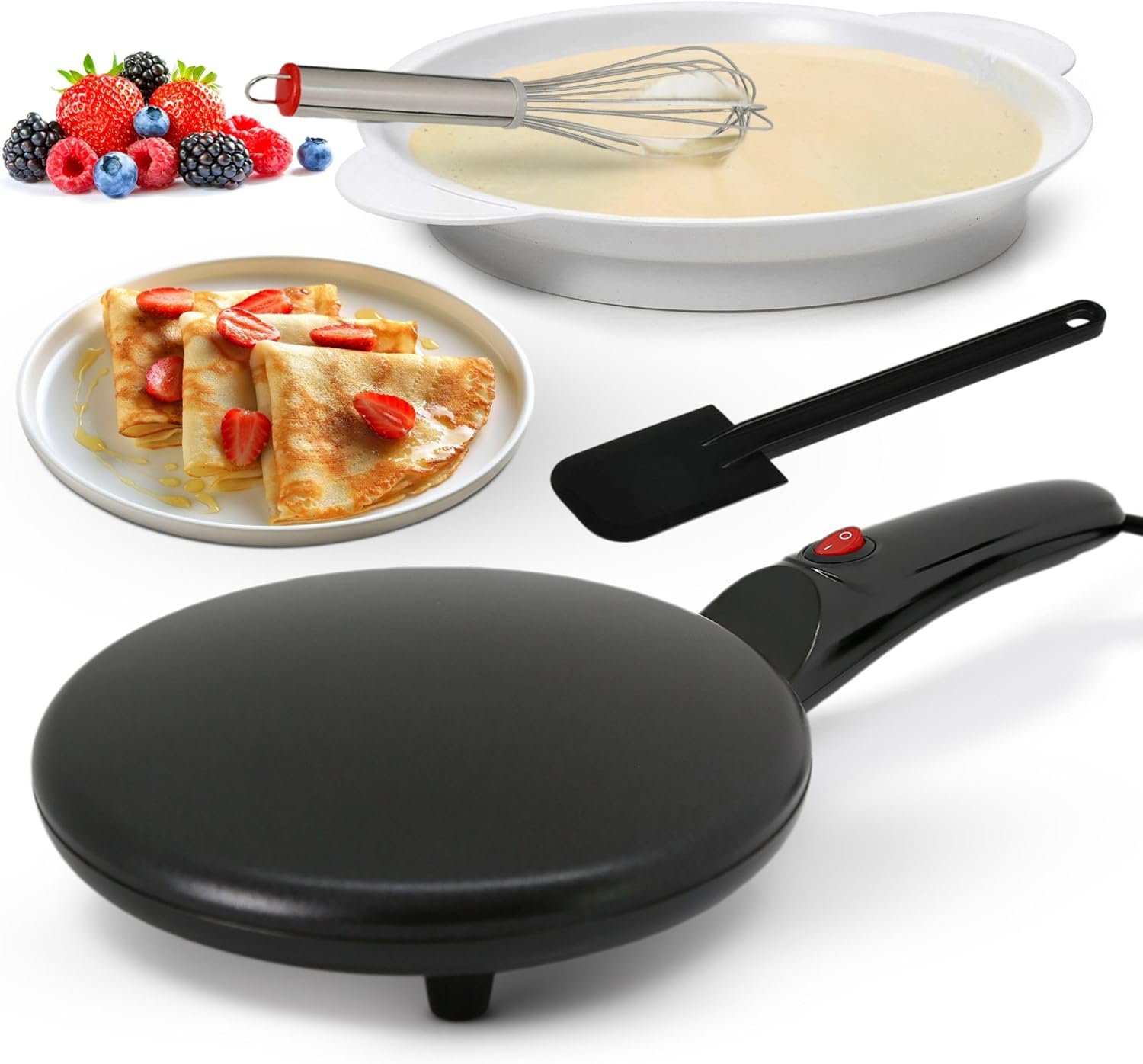 Nutrichef Electric Crepe Maker | 8-inch Nonstick Cooktop with On/Off Switch | Cooks Roti, Tortillas & Pancakes | Automatic Temperature Control & Cool Touch Handle | Includes Food Bowl, Whisk & Spatula